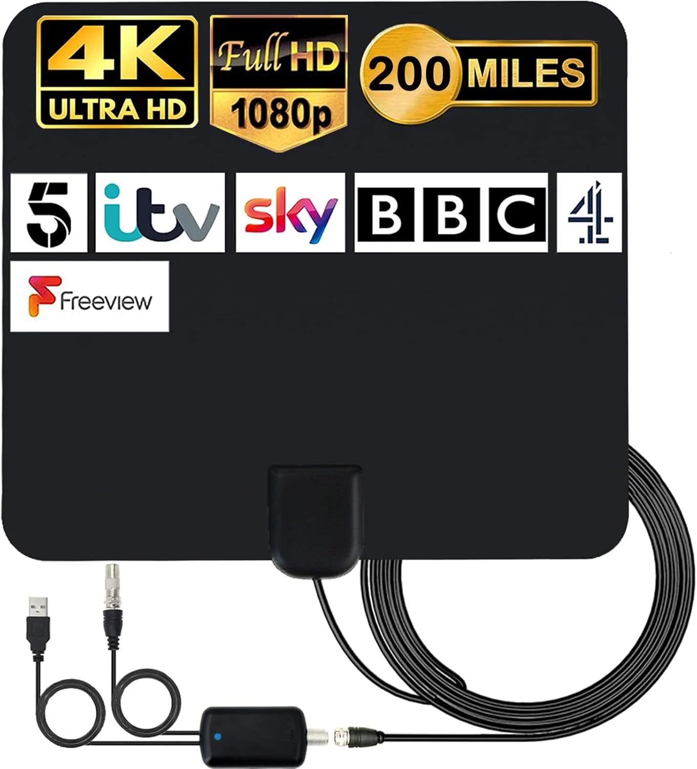 آنتن تلویزیون داخلی میلیوان - آنتن دیجیتال تلویزیون HDTV با برد 200 مایل به همراه تقویت کننده سیگنال، آنتن تلویزیون VHF UHF 4K 1080P برای کانال های محلی، پشتیبانی از تمام تلویزیون ها - کابل کواکسیال 16.4 فوت