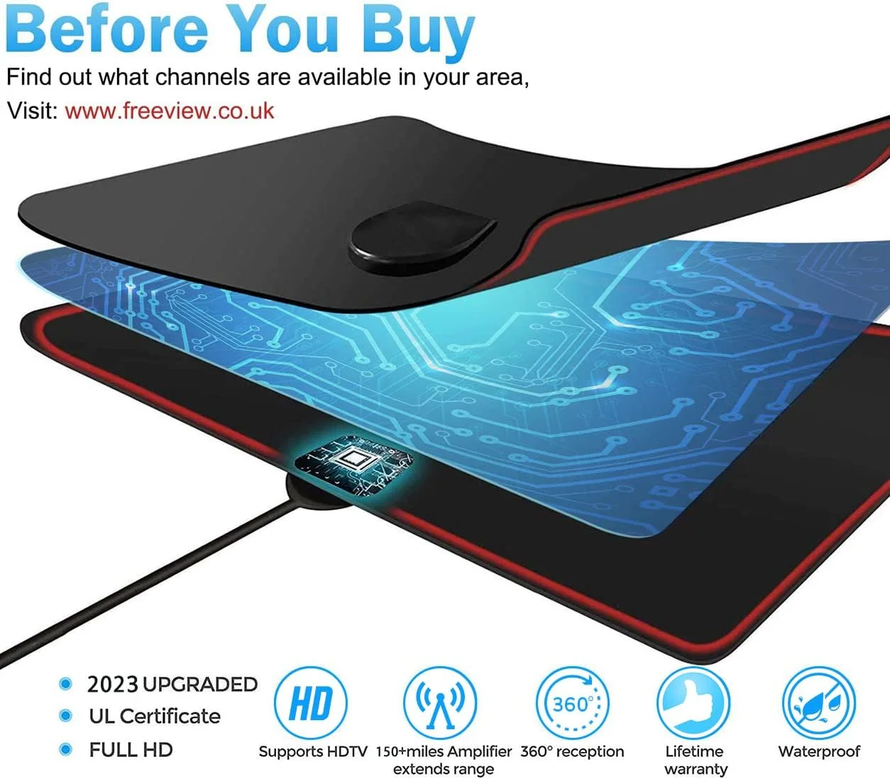آنتن تلویزیون داخلی میلیوان - آنتن دیجیتال تلویزیون HDTV با برد 200 مایل به همراه تقویت کننده سیگنال، آنتن تلویزیون VHF UHF 4K 1080P برای کانال های محلی، پشتیبانی از تمام تلویزیون ها - کابل کواکسیال 16.4 فوت