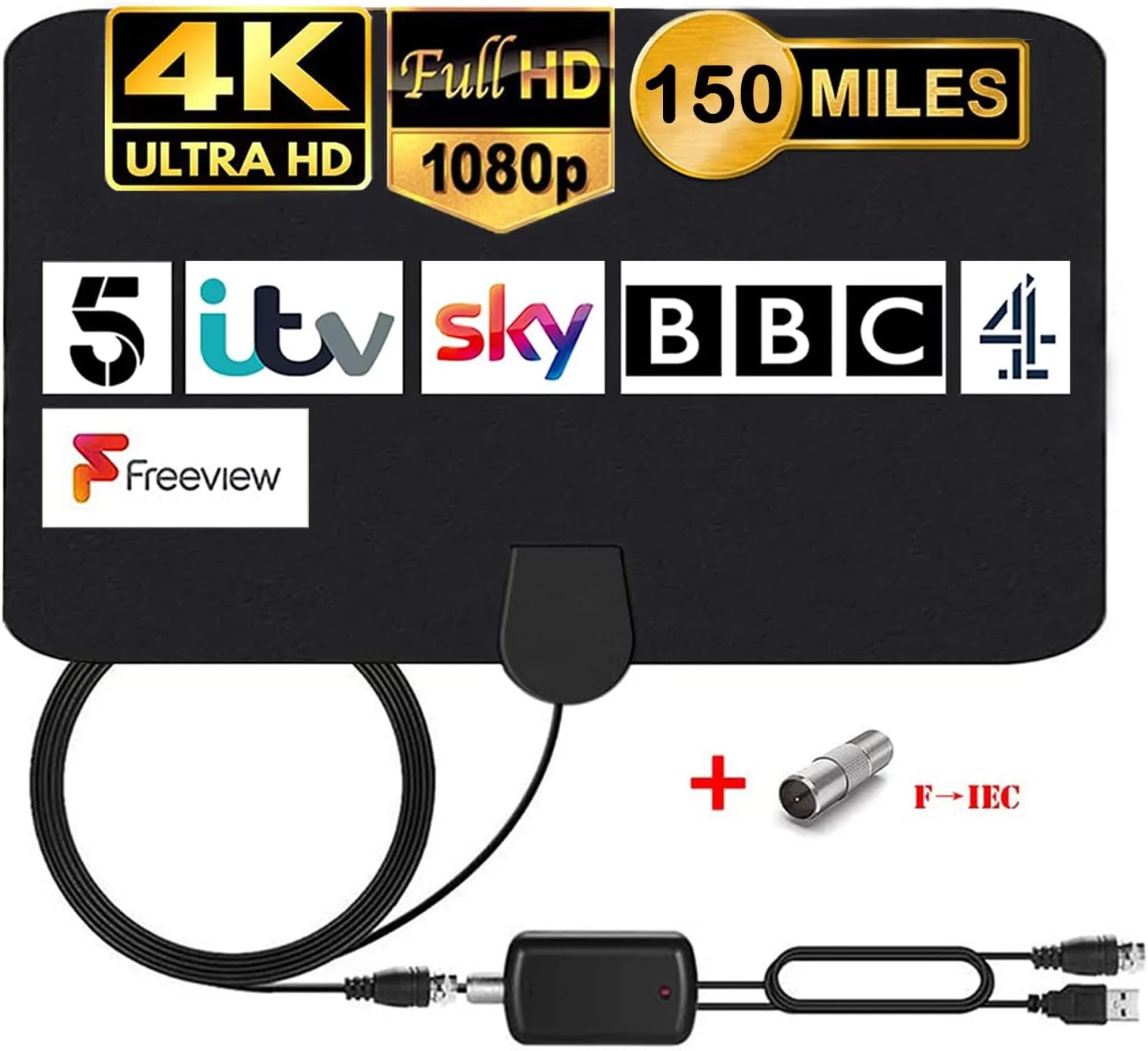 آنتن تلویزیون داخلی با برد 240 کیلومتر، آنتن دیجیتال HDTV با تقویت کننده سیگنال جداشدنی، Freeview HD VHF UHF 4K 1080P برای کانال های محلی، پشتیبانی از تمام تلویزیون ها - کابل کواکسیال 4.4 متری