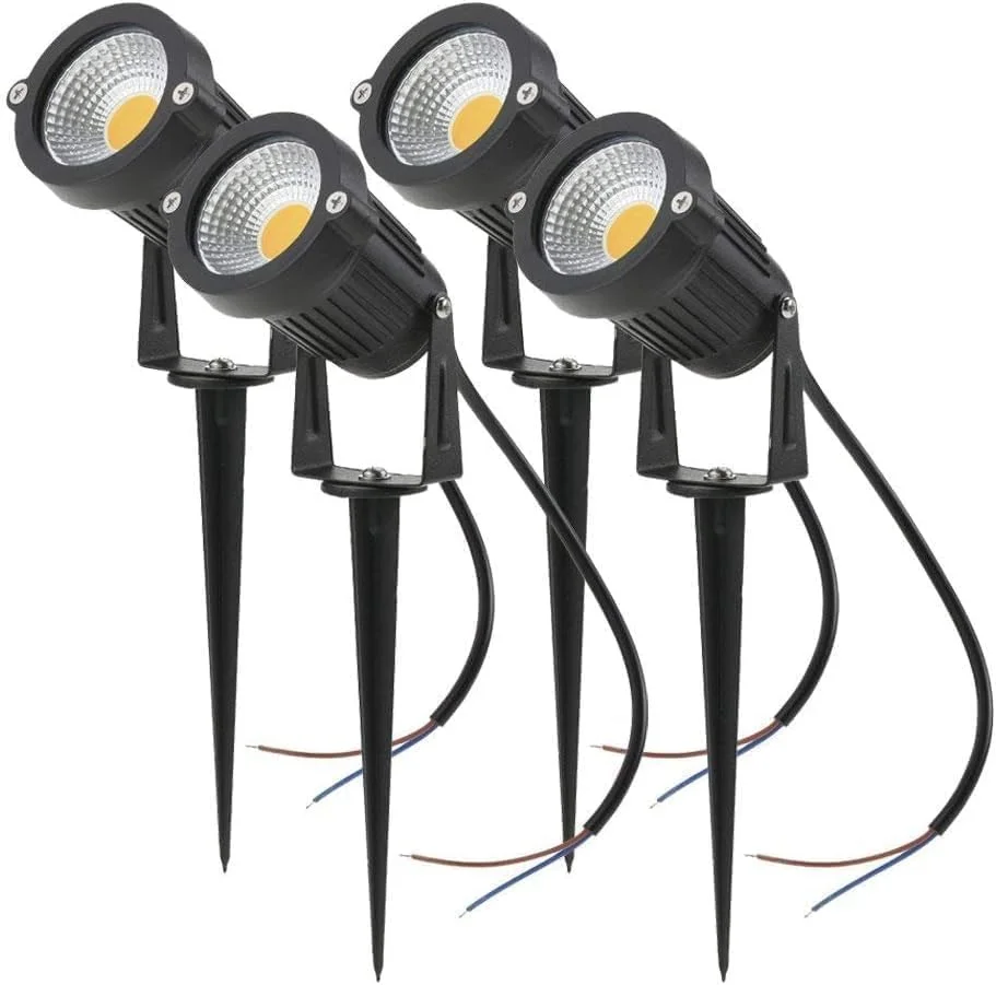 چراغ محوطه بیرونی 4 عددی 7 وات COB LED، نورافکن برای باغ، چمن، دیوار، حیاط، مسیر با پایه میخ دار، 240 ولت، (سفید گرم)، ضد آب IP65