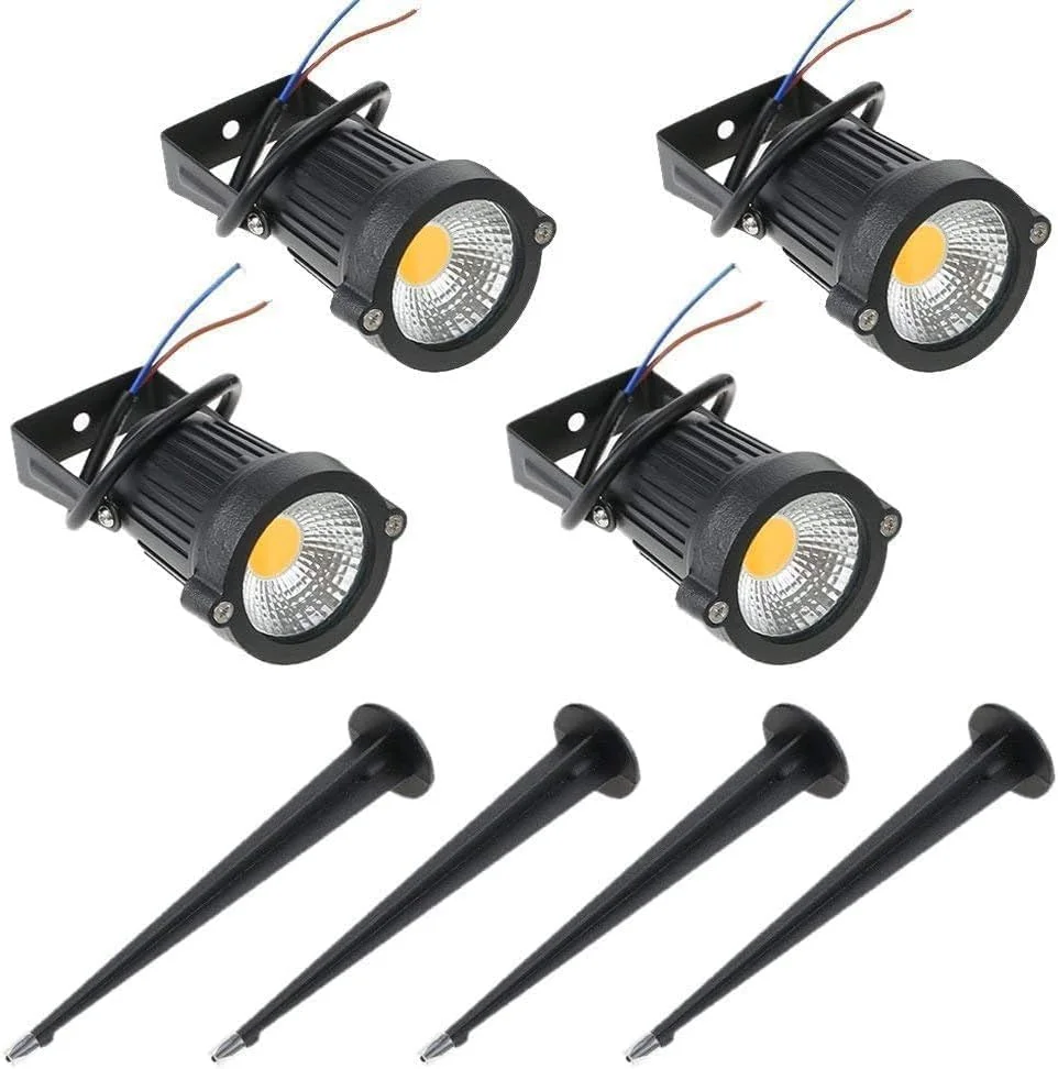 چراغ محوطه بیرونی 4 عددی 7 وات COB LED، نورافکن برای باغ، چمن، دیوار، حیاط، مسیر با پایه میخ دار، 240 ولت، (سفید گرم)، ضد آب IP65