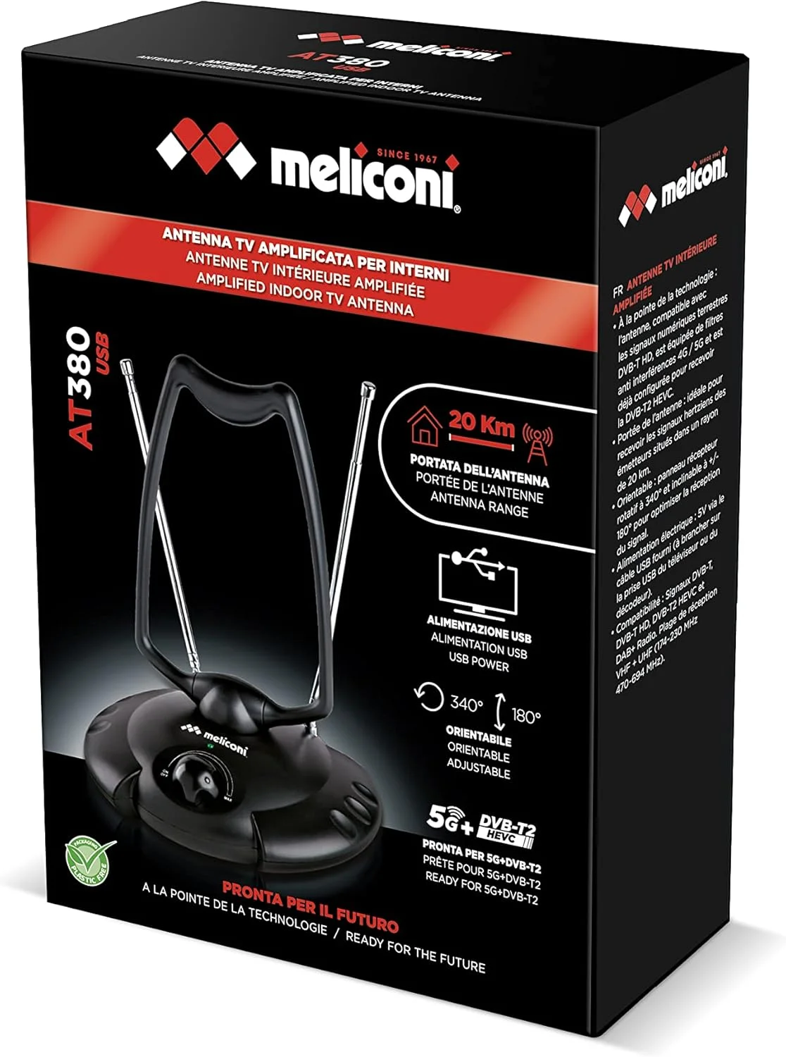 آنتن تلویزیون داخلی تقویت شده Meliconi AT 380 USB، سیگنال دیجیتال زمینی را دریافت می کند و برای سیگنال های جدید DVB-T2 آماده است. این آنتن از طریق کابل USB تغذیه می شود.