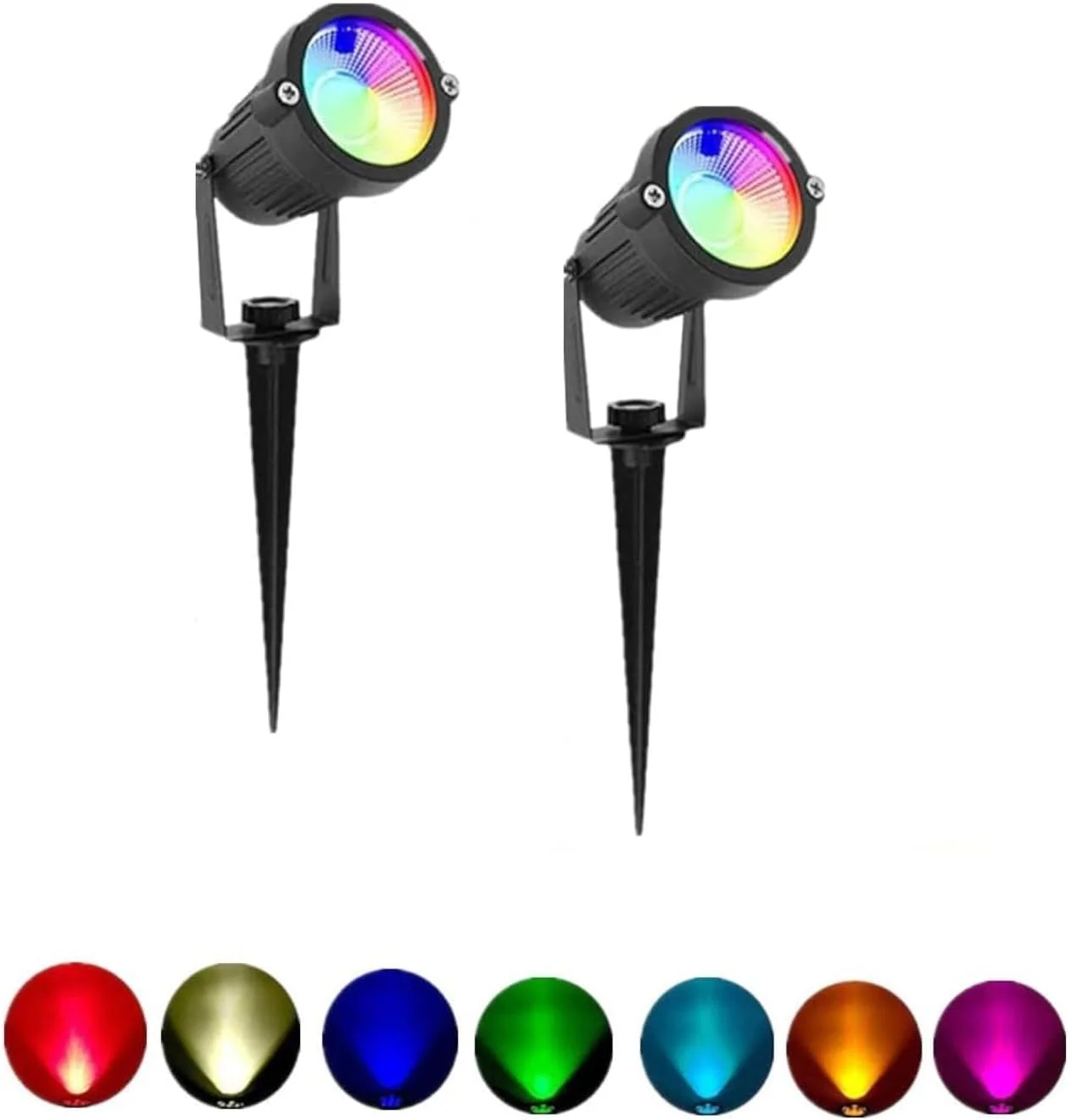 بسته 2 عددی چراغ محوطه بیرونی 7 وات COB LED، نورافکن برای باغ، چمن، دیوار، حیاط، مسیر با پایه میخ دار، 240 ولت، (RGB)، ضد آب IP65