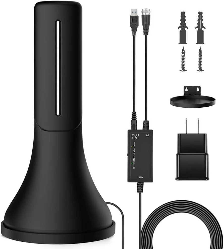 آنتن تلویزیون دیجیتال HD تقویت شده، گیرنده دوربرد 300 مایل، آنتن HDTV داخلی با تقویت کننده، پشتیبانی از کانال های تلویزیونی 4K 1080P VHF UHF و همه تلویزیون ها، با کابل کواکسیال 13 فوتی HDTV، I5-BK-Xhb-22