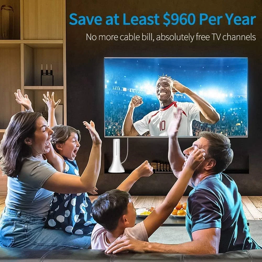 آنتن تلویزیون دیجیتال HD تقویت شده، گیرنده دوربرد 300 مایل، آنتن HDTV داخلی با تقویت کننده، پشتیبانی از کانال های تلویزیونی 4K 1080P VHF UHF و همه تلویزیون ها، با کابل کواکسیال 13 فوتی HDTV، I5-BK-Xhb-22