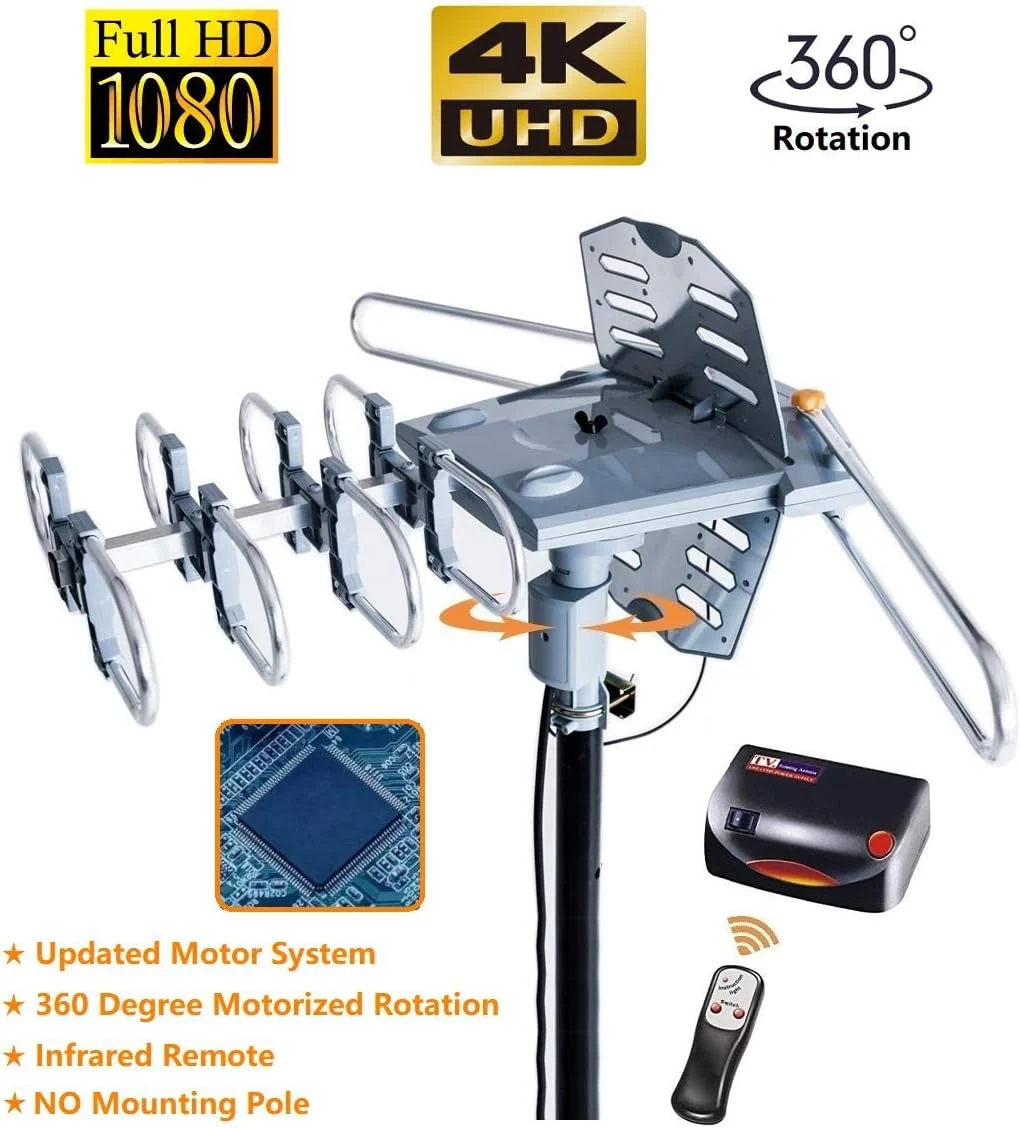 آنتن HDTV دیجیتال تقویت شده خارجی McDuory با برد طولانی 150 مایل - چرخش 360 درجه کنترل از راه دور - نصب بدون ابزار - پشتیبانی از 2 تلویزیون