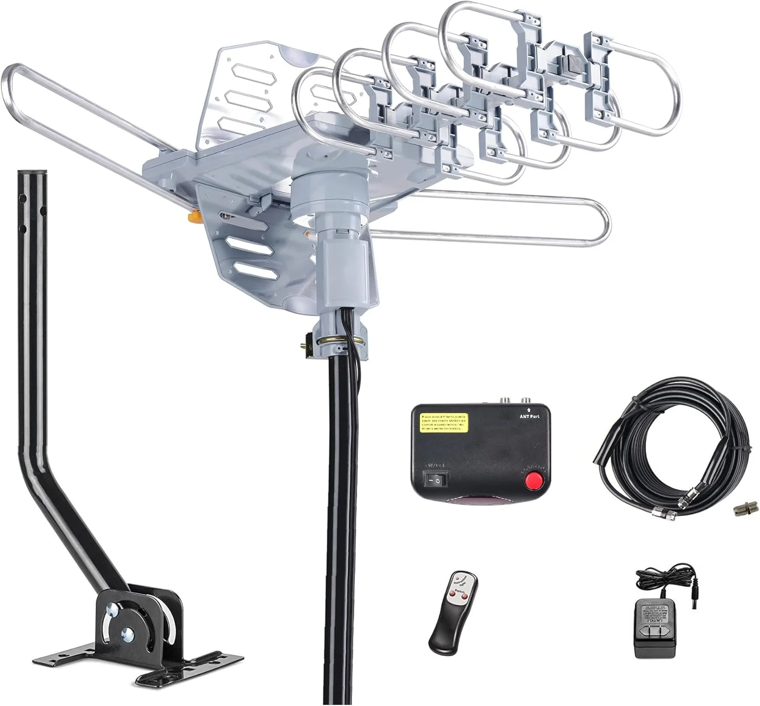 آنتن دیجیتال بیرونی McDuory با برد 150 مایل، چرخش 360 درجه، تقویت شده HDTV - پشتیبانی از 2 تلویزیون - UHF/VHF/1080P/4K - ریموت کنترل مادون قرمز - شامل کابل 40 فوتی RG6 و میله نصب