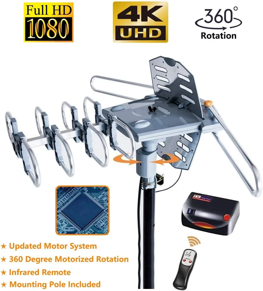 آنتن دیجیتال بیرونی McDuory با برد 150 مایل، چرخش 360 درجه، تقویت شده HDTV - پشتیبانی از 2 تلویزیون - UHF/VHF/1080P/4K - ریموت کنترل مادون قرمز - شامل کابل 40 فوتی RG6 و میله نصب