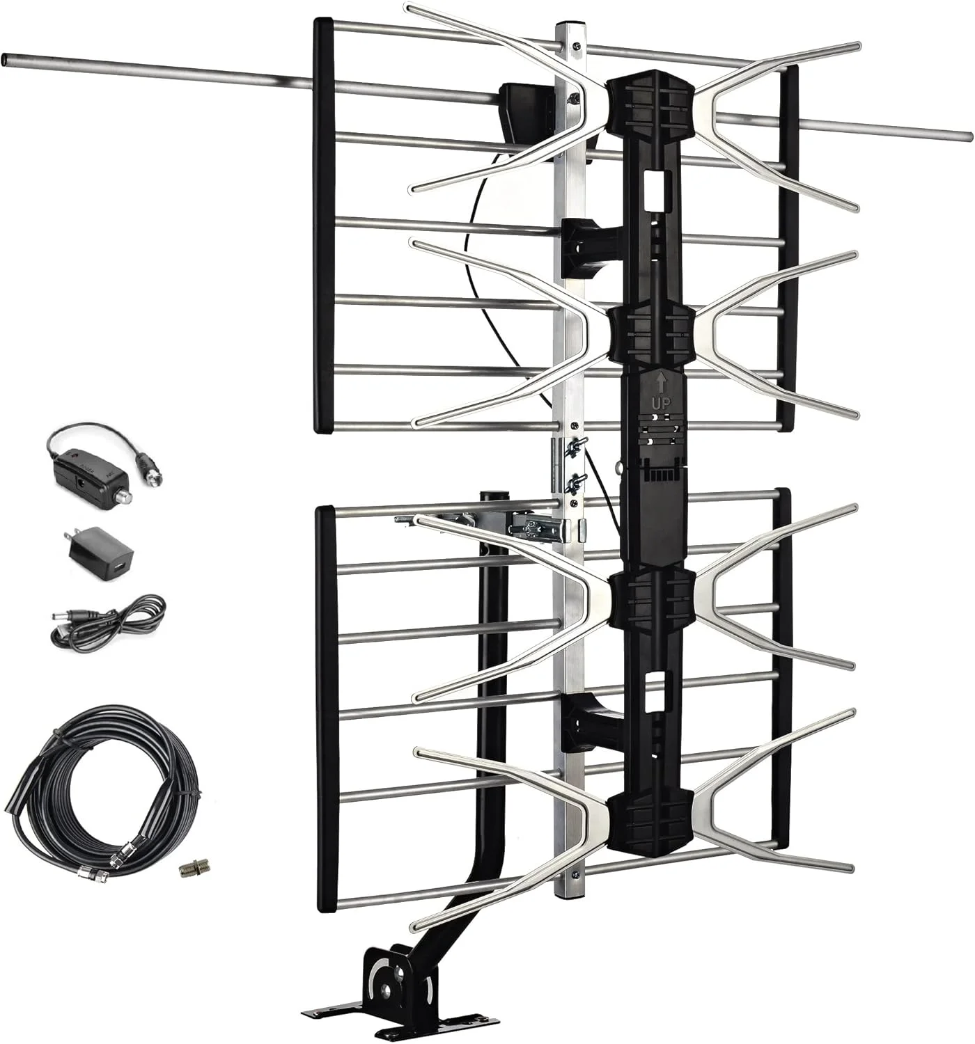 آنتن تقویت شده دیجیتال HDTV مک‌دوری برای فضای باز - برد 240 کیلومتر - شامل میله نصب و کابل کواکسیال 12 متری RG6 - عملکرد بهینه در UHF و VHF - نصب بدون نیاز به ابزار
