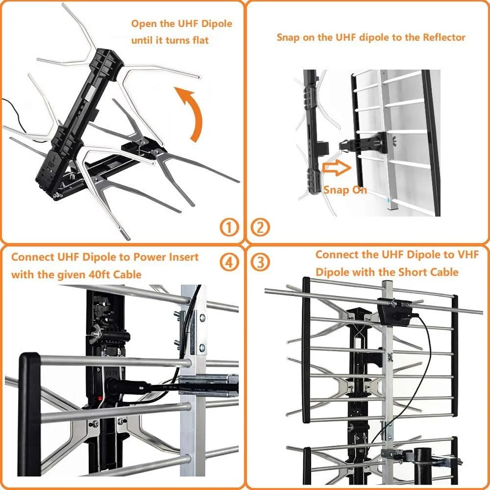 آنتن تقویت شده دیجیتال HDTV مک‌دوری برای فضای باز - برد 240 کیلومتر - شامل میله نصب و کابل کواکسیال 12 متری RG6 - عملکرد بهینه در UHF و VHF - نصب بدون نیاز به ابزار