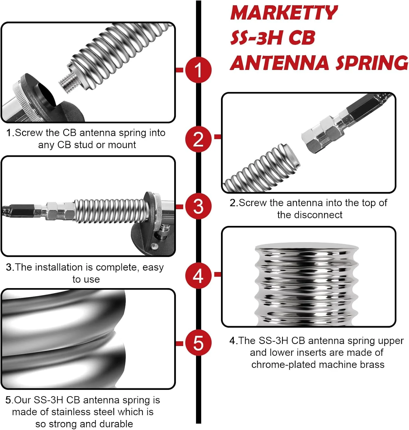 فنر آنتن Marketty SS-3H، فنر آنتن استیل ضد زنگ سنگین، مناسب برای آنتن هایی تا طول 60 اینچ و رزوه های استاندارد 3/8 اینچ در 24