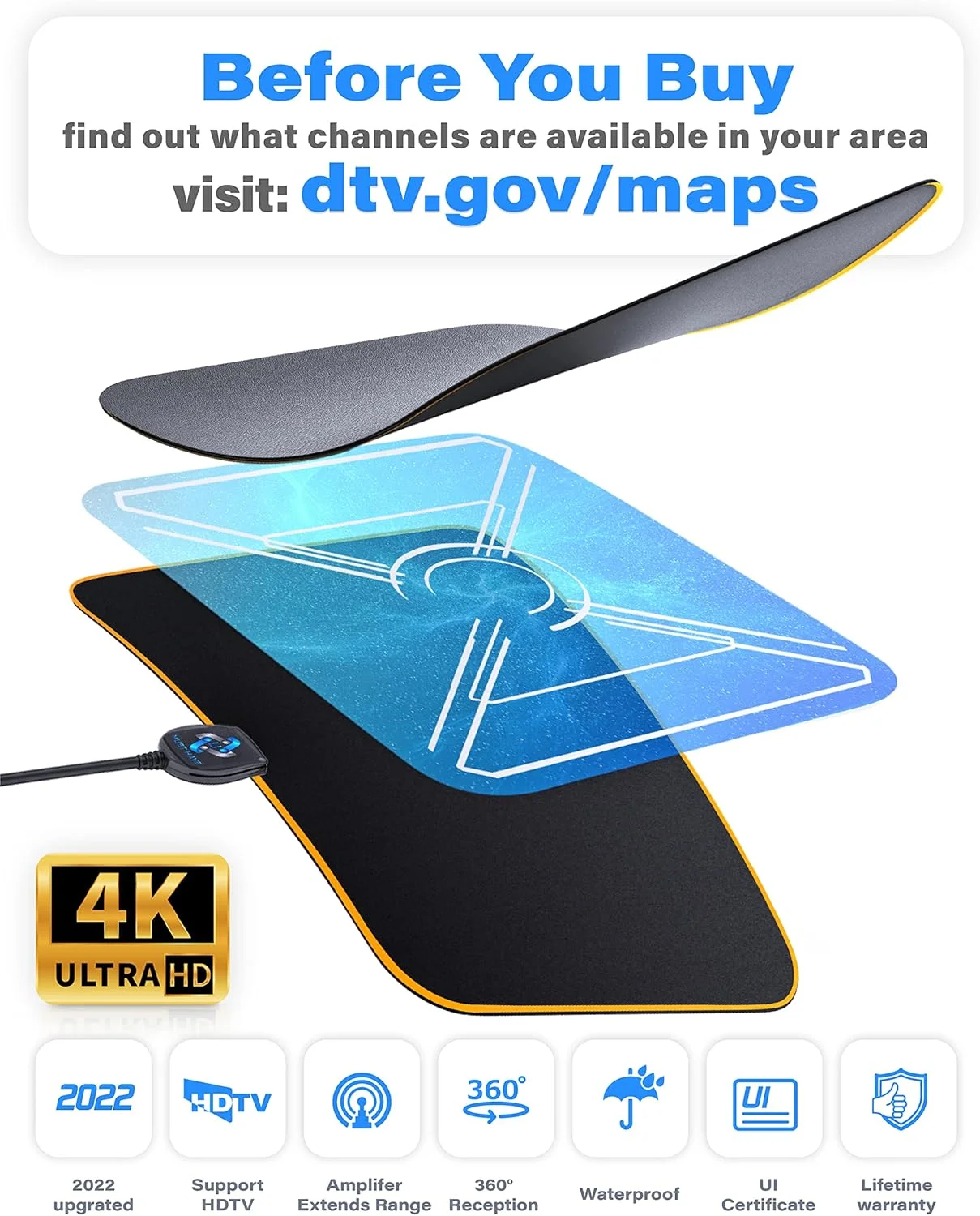 آنتن تلویزیون دیجیتال HD تقویت شده با برد بلند 65-80 مایل (آخرین مدل 2018) - پشتیبانی از 4K 1080p و تمام تلویزیون های قدیمی تر، تقویت کننده سیگنال HDTV قدرتمند داخلی - کابل کواکسیال 18 فوت / آداپتور برق USB