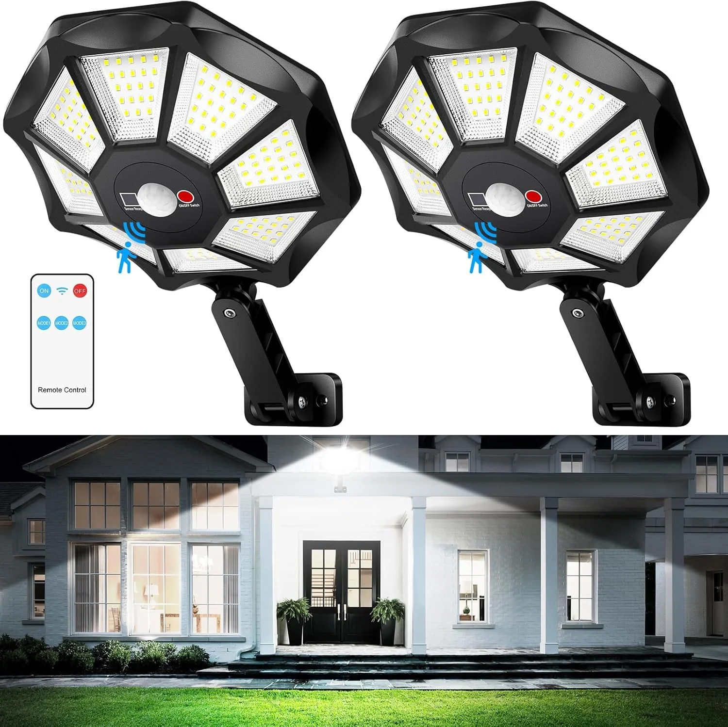 چراغ های خورشیدی ضد آب KASTWAVE برای فضای باز، بسته 2 عددی 6500K 168 LED، چراغ های خیابانی، چراغ های سیلابی فضای باز با ریموت کنترل و سنسور حرکتی، روشنایی خورشیدی از غروب تا طلوع آفتاب برای پارکینگ، حیاط و استخر