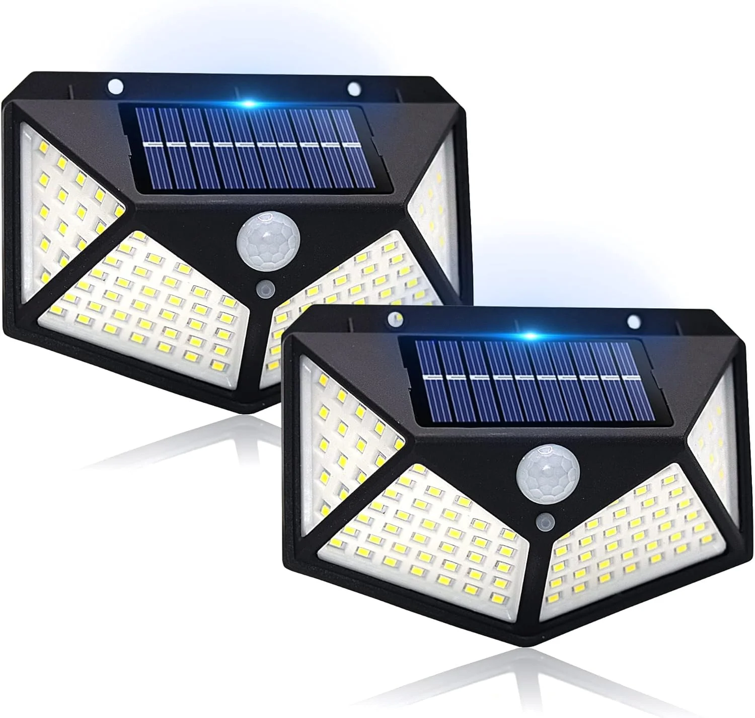 چراغ های خورشیدی فضای باز KASTWAVE، چراغ های امنیتی 100 LED با حسگر حرکتی ضد آب IP65 با بازتابنده نور برای دیوار بیرونی، پاسیو، حیاط، گاراژ، عرشه، باغ، 2 عدد