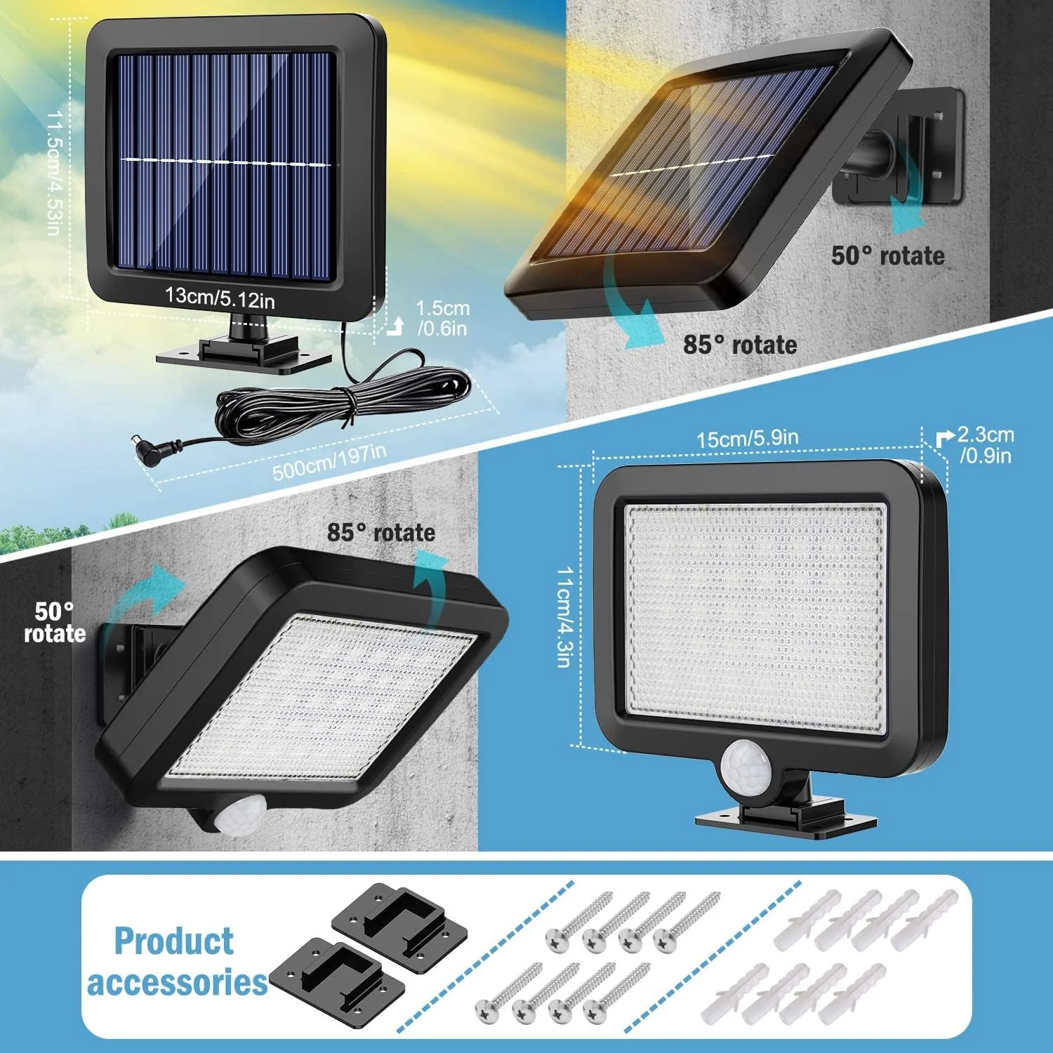 چراغ خورشیدی فضای باز KASTWAVE، دارای 56 LED با 3 حالت قابل تنظیم، چراغ دیواری ضد آب IP65 با سنسور حرکتی برای گاراژ و باغ چراغ خورشیدی فضای باز KASTWAVE، دارای 56 LED با 3 حالت قابل تنظیم، چراغ دیواری ضد آب IP65 با سنسور حرکتی برای گاراژ و باغ