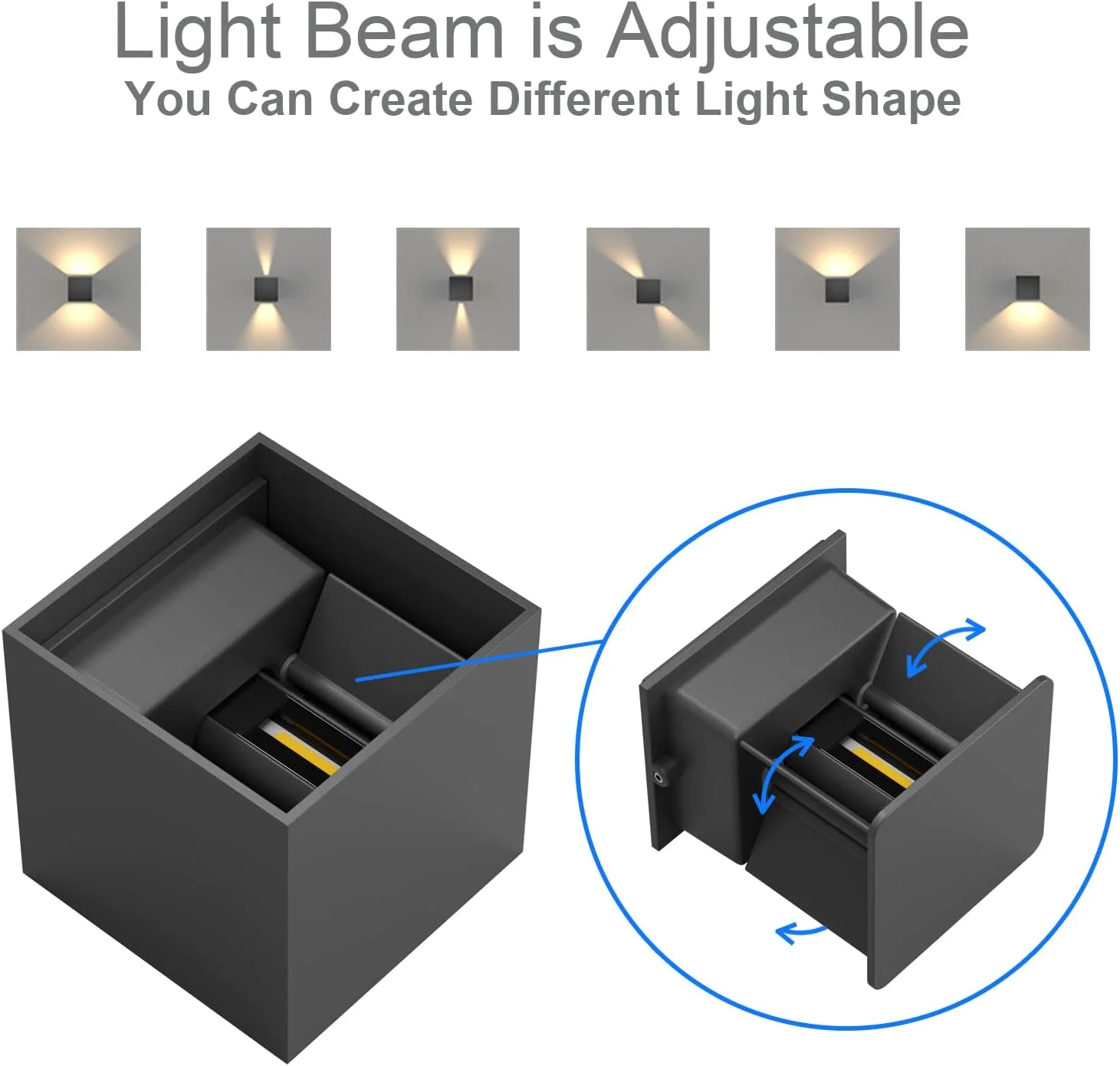چراغ دیواری 12 وات K-Bright مناسب فضای باز، ضد آب IP65، روشنایی LED دیواری مدرن آلومینیومی قابل تنظیم، نور سفید گرم 3000K، خاکستری تیره