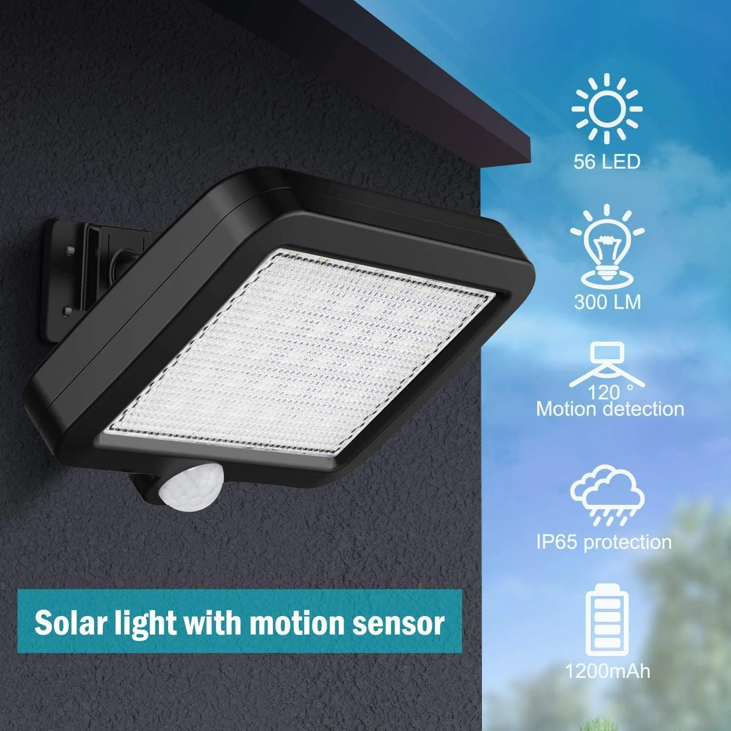 چراغ خورشیدی فضای باز KASTWAVE، دارای 56 LED با 3 حالت قابل تنظیم، چراغ دیواری ضد آب IP65 با سنسور حرکتی برای گاراژ و باغ چراغ خورشیدی فضای باز KASTWAVE، دارای 56 LED با 3 حالت قابل تنظیم، چراغ دیواری ضد آب IP65 با سنسور حرکتی برای گاراژ و باغ
