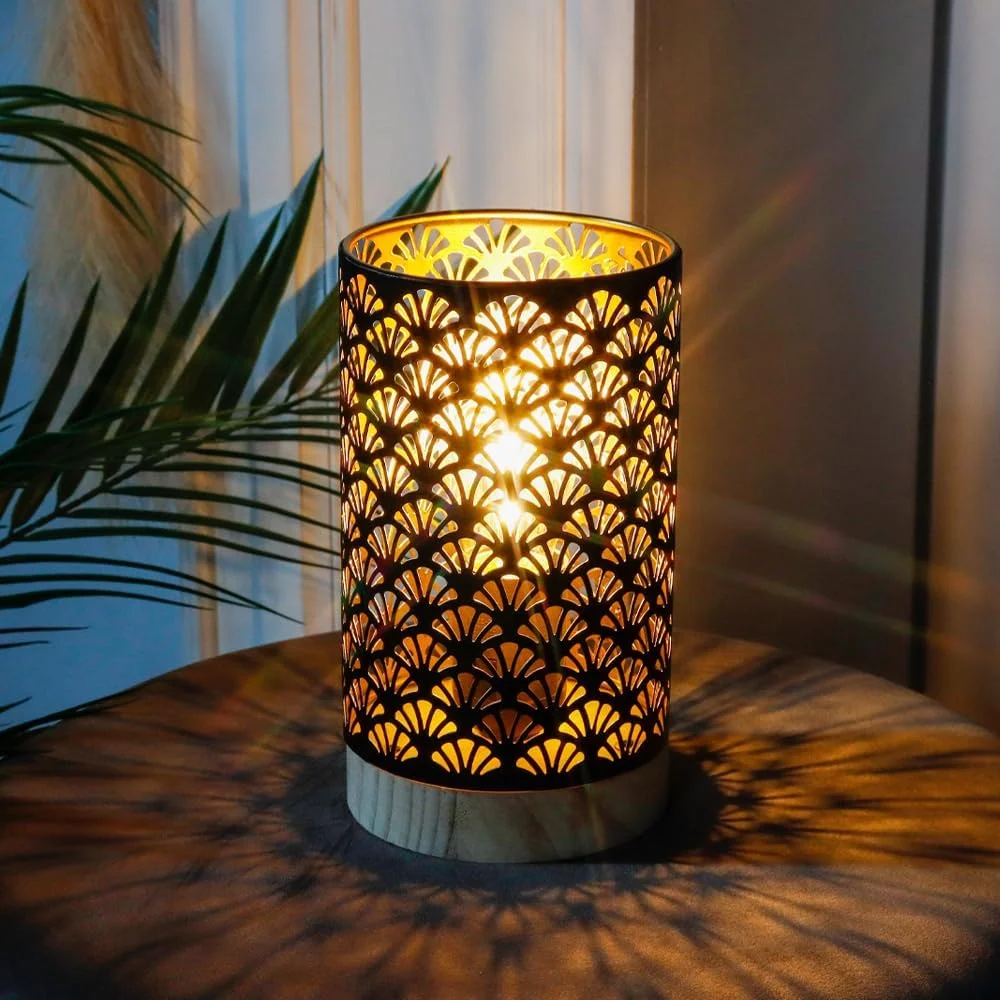چراغ فلزی JHY DESIGN با باتری، چراغ دکوری بی سیم 7.5 اینچی با تایمر 6 ساعته، مناسب برای عروسی، مهمانی، پاسیو، باغ، داخل و خارج از منزل، میز و بالکن (دارای پایه چوبی)