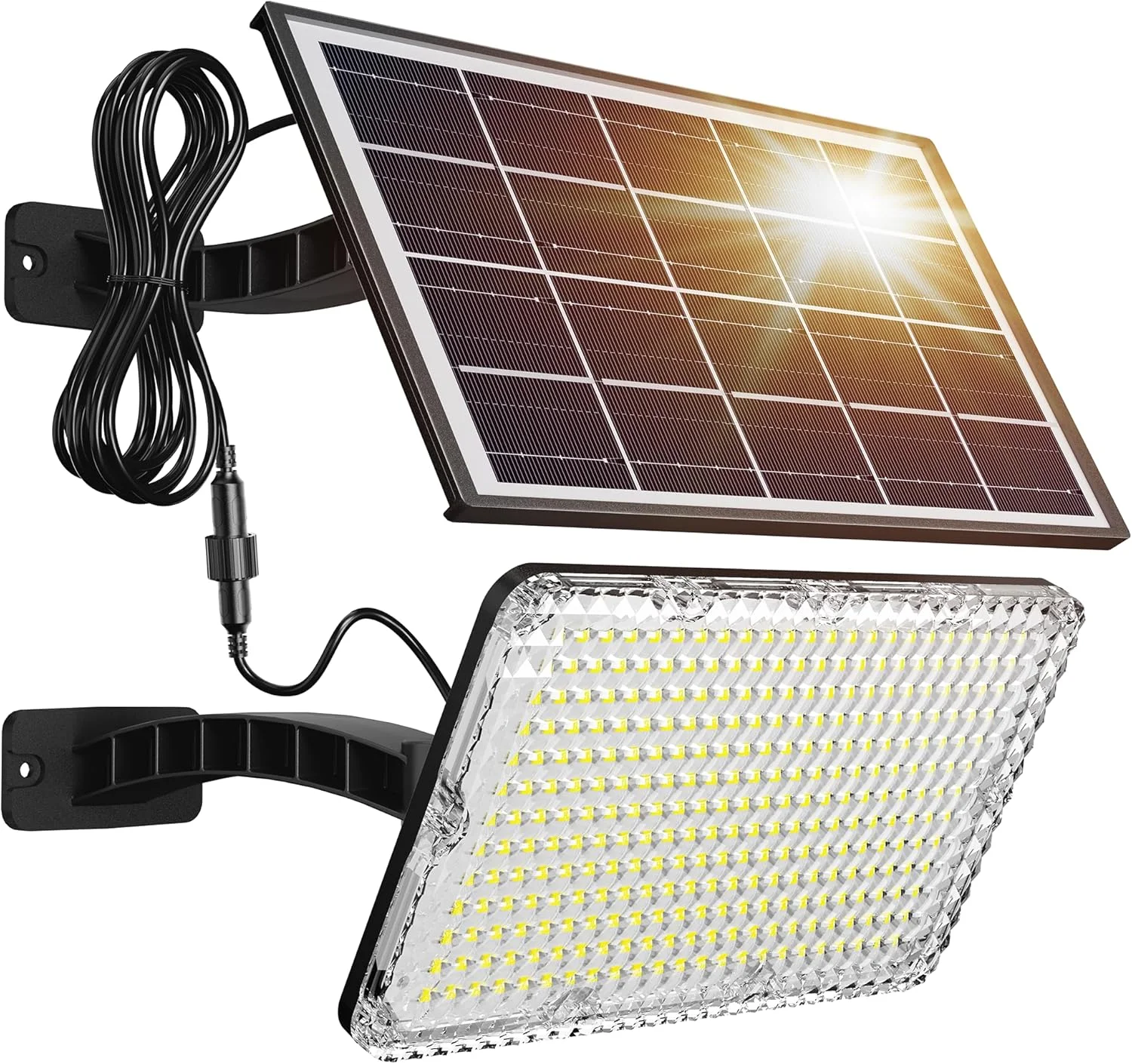 چراغ خورشیدی 299 LED جکی‌لد با روشنایی 1000 لومن، چراغ امنیتی ضد آب IP65 با باتری 4000 میلی‌آمپر ساعتی، مناسب برای دیوار، ایوان، سوله و انبار