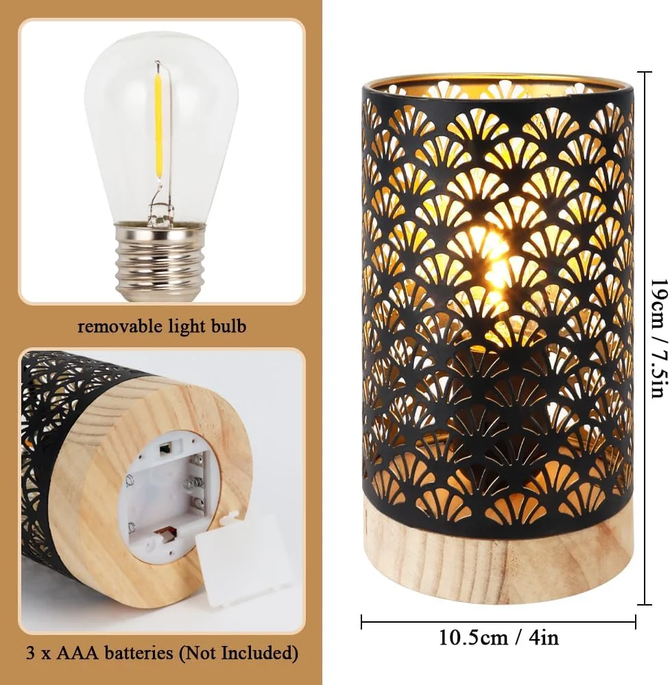 چراغ فلزی JHY DESIGN با باتری، چراغ دکوری بی سیم 7.5 اینچی با تایمر 6 ساعته، مناسب برای عروسی، مهمانی، پاسیو، باغ، داخل و خارج از منزل، میز و بالکن (دارای پایه چوبی)
