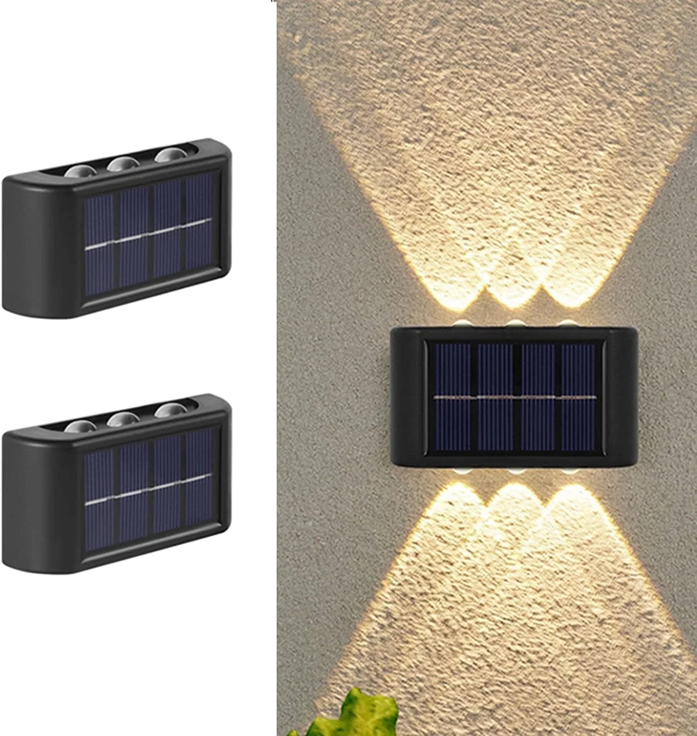 چراغ دیواری خورشیدی 6 LED، بسته 2 عددی، نورپردازی سفید گرم، چراغ های دیواری بیرونی برای خانه، چراغ کوچک بیرونی ضد آب به سبک نوردیک، دکور روشنایی برای ایوان باغ خانه