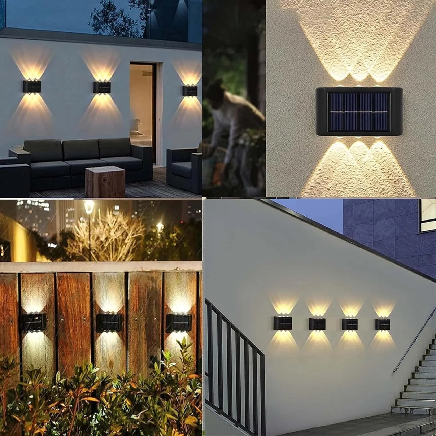 چراغ دیواری خورشیدی 6 LED، بسته 2 عددی، نورپردازی سفید گرم، چراغ های دیواری بیرونی برای خانه، چراغ کوچک بیرونی ضد آب به سبک نوردیک، دکور روشنایی برای ایوان باغ خانه