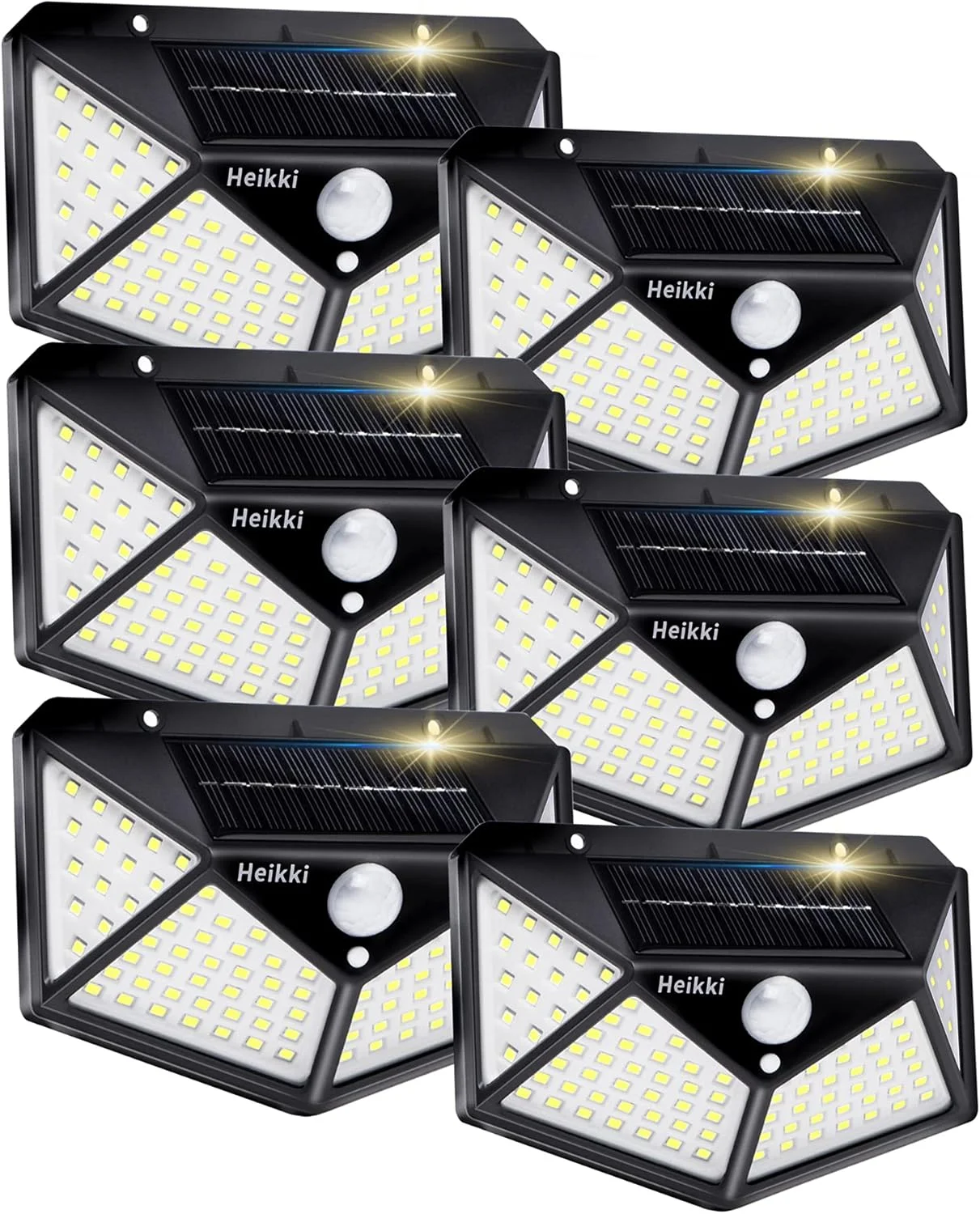 چراغ های خورشیدی فضای باز Heikki، 100 LED / 3 حالت زاویه روشنایی 270 درجه چراغ های حسگر حرکتی خورشیدی فضای باز، چراغ های دیواری ضد آب با انرژی خورشیدی IP65 برای گاراژ حصار عرشه پاسیو حیاط (مشکی، 6 عددی)