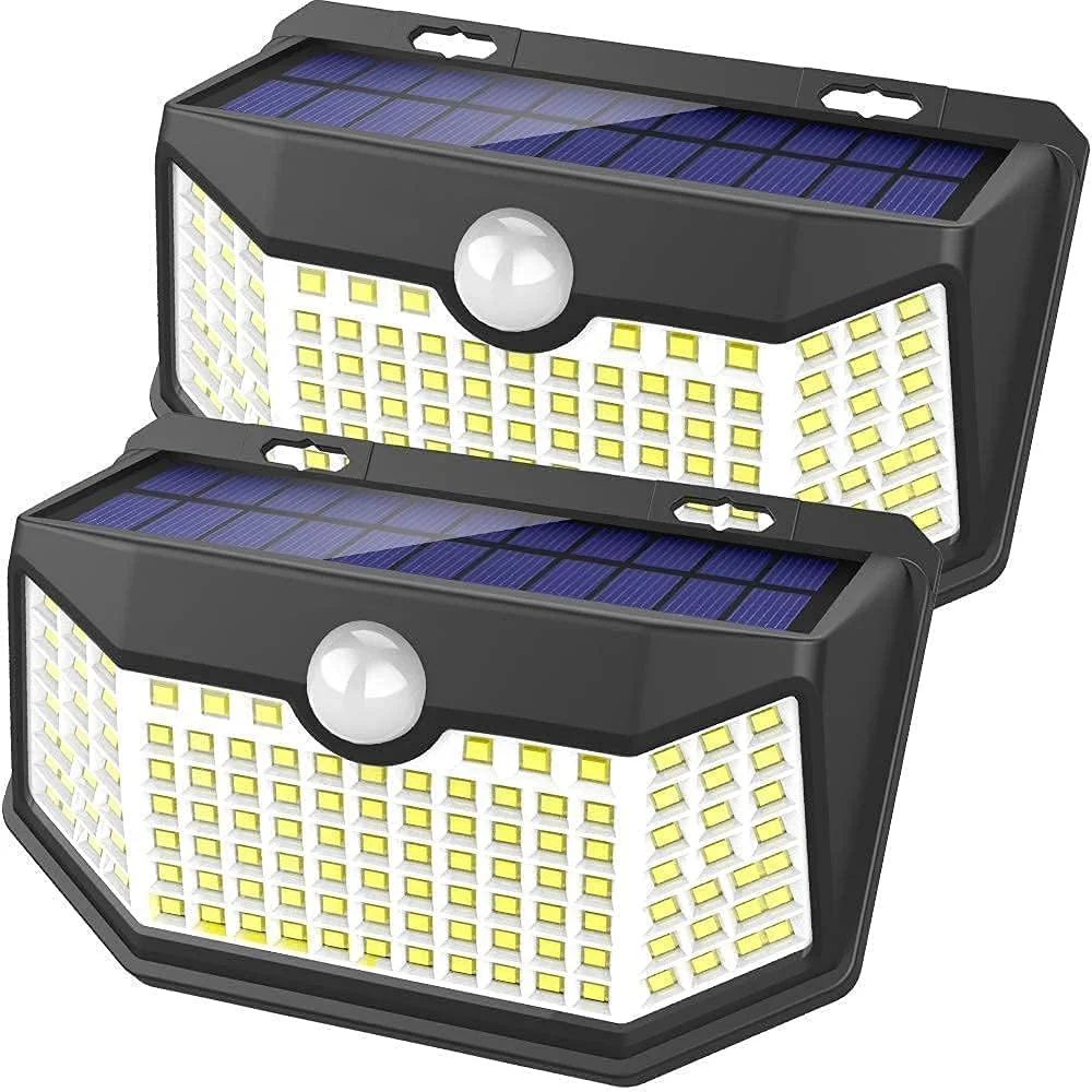 چراغ های خورشیدی فضای باز HMCITY با 120 LED، دارای بازتابنده نور و 3 حالت روشنایی، چراغ های دیواری سنسور حرکتی، ضد آب IP65 با انرژی خورشیدی برای حیاط، پاسیو و باغ (2 عدد)