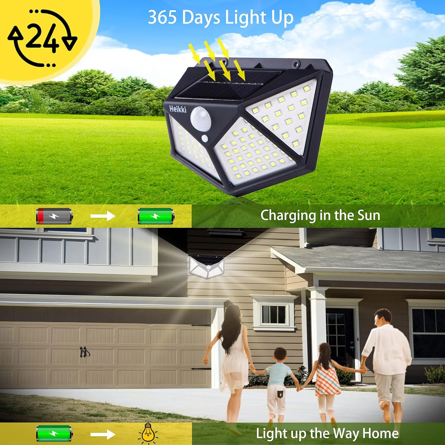 چراغ های خورشیدی فضای باز Heikki، 100 LED / 3 حالت زاویه روشنایی 270 درجه چراغ های حسگر حرکتی خورشیدی فضای باز، چراغ های دیواری ضد آب با انرژی خورشیدی IP65 برای گاراژ حصار عرشه پاسیو حیاط (مشکی، 6 عددی)