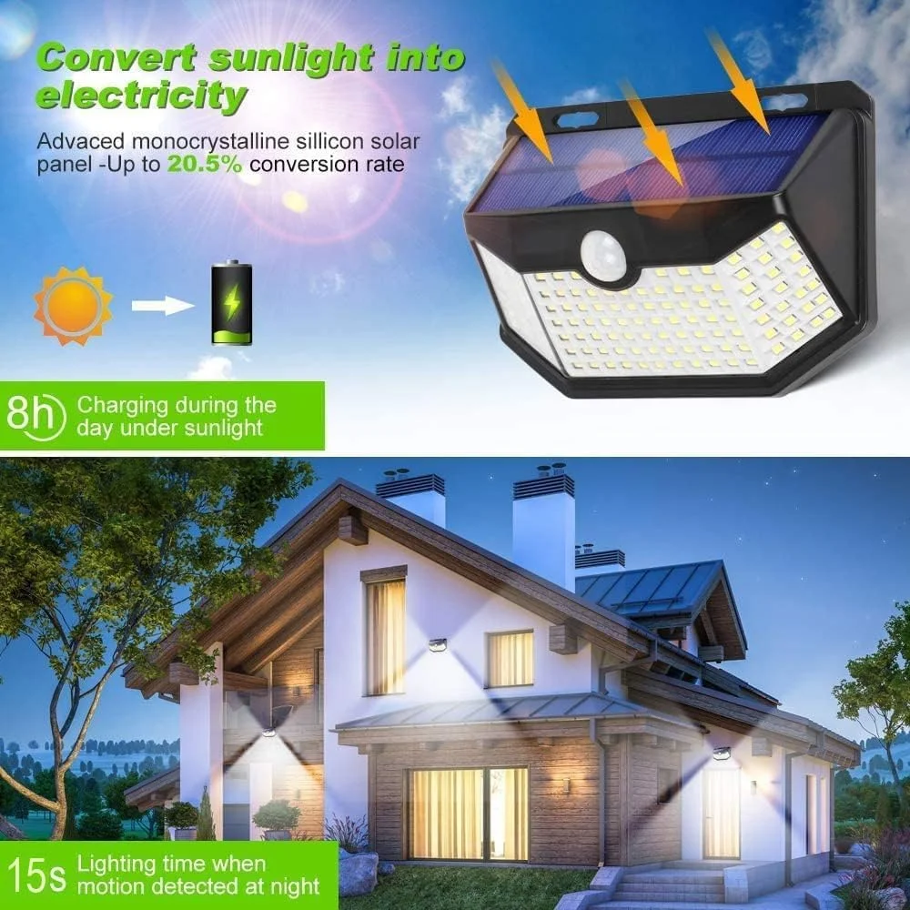چراغ های خورشیدی فضای باز HMCITY با 120 LED، دارای بازتابنده نور و 3 حالت روشنایی، چراغ های دیواری سنسور حرکتی، ضد آب IP65 با انرژی خورشیدی برای حیاط، پاسیو و باغ (2 عدد)