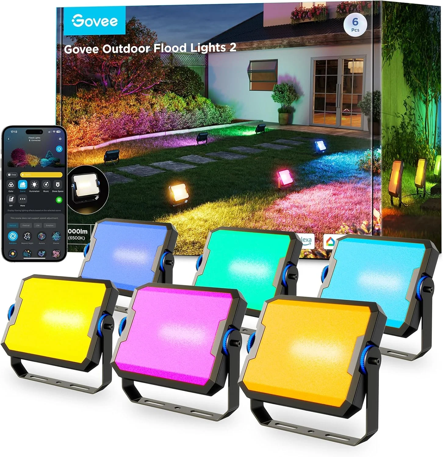 چراغ های نورافکن فضای باز Govee 2، چراغ های LED سفید گرم و سرد RGBIC، دارای 50 حالت صحنه برای مهمانی، نورپردازی منظره، چراغ های فضای باز IP66 ارتقا یافته با کنترل برنامه، بسته 6 عددی سیمی