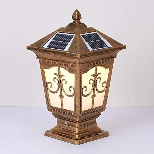 چراغ ستونی خورشیدی FZYE، چراغ LED خورشیدی ضد آب برای فضای باز، فانوس شیشه ای سنتی با انرژی خورشیدی برای روشنایی درب، چمن، باغ و پاسیو (رنگ: برنزی)