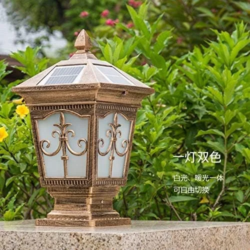 چراغ ستونی خورشیدی FZYE، چراغ LED خورشیدی ضد آب برای فضای باز، فانوس شیشه ای سنتی با انرژی خورشیدی برای روشنایی درب، چمن، باغ و پاسیو (رنگ: برنزی)