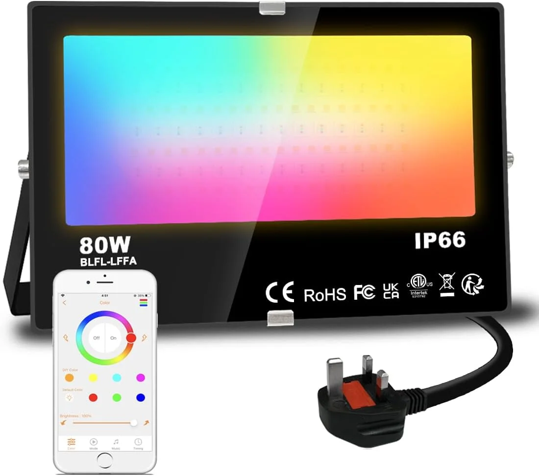 چراغ پروژکتور ال ای دی معادل 80 وات 8000 لومن، چراغ های هوشمند RGB در فضای باز با کنترل برنامه، تغییر رنگ + سفید گرم، زمان بندی - صحنه - نورپردازی باغ، IP66، دوشاخه بریتانیایی (1 عدد)