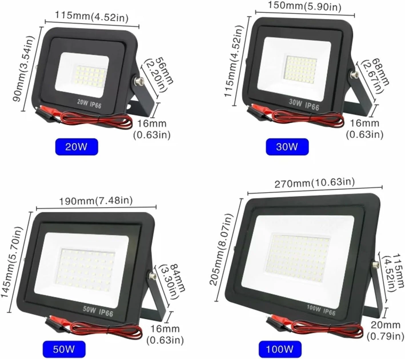 چراغ پروژکتور LED بیرونی 20W 30W 50W 100W، نورافکن ضد آب IP66، چراغ بازتابنده قابل حمل LED برای گاراژ، حیاط