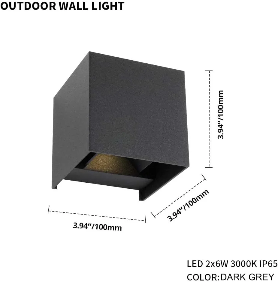 چراغ دیواری LED داوالایت مناسب فضای باز، 2 عدد، 12 وات 925 لومن 3000 کلوین، چراغ های دیواری مدرن بالا و پایین IP65 ضد آب، چراغ دیواری مربعی برای بالکن باغ در فضای باز، نورپردازی با قابلیت تنظیم زاویه پرتو، خاکستری تیره