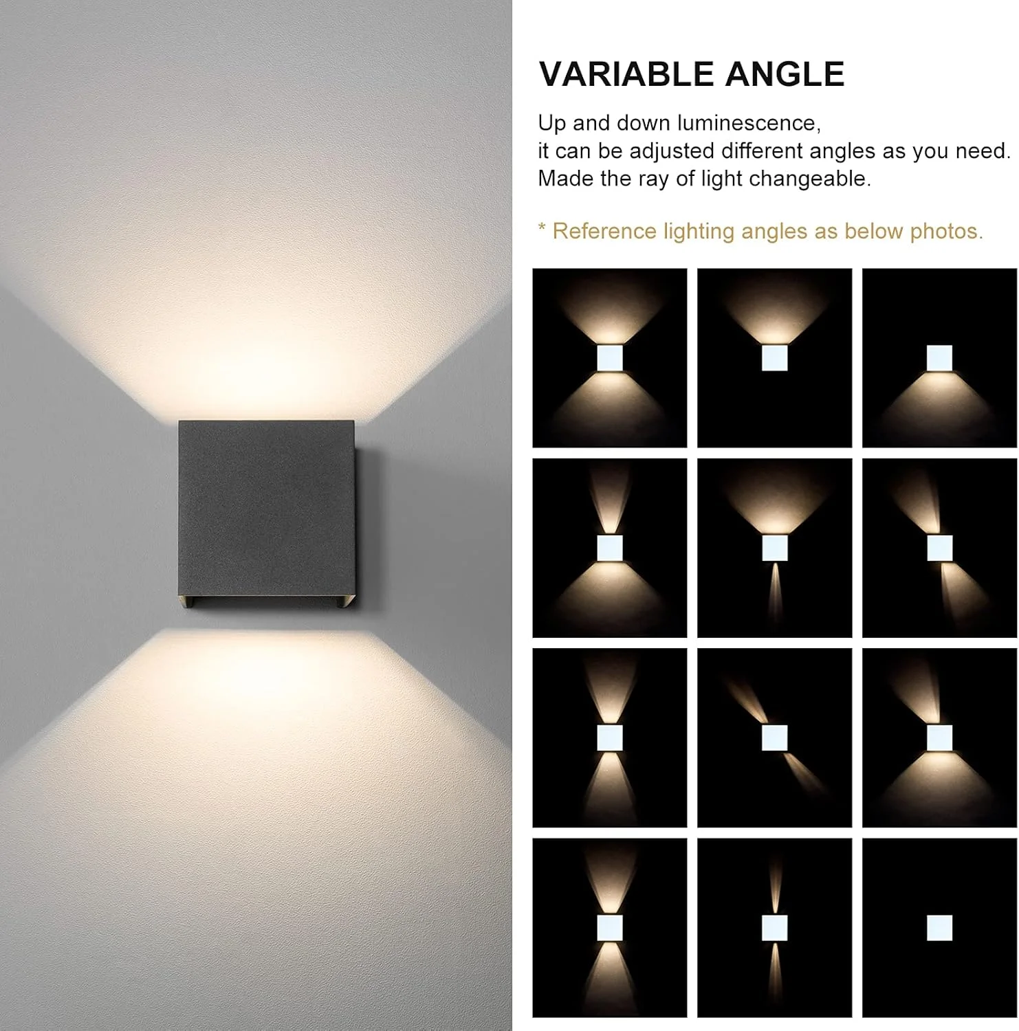 چراغ دیواری LED داوالایت مناسب فضای باز، 2 عدد، 12 وات 925 لومن 3000 کلوین، چراغ های دیواری مدرن بالا و پایین IP65 ضد آب، چراغ دیواری مربعی برای بالکن باغ در فضای باز، نورپردازی با قابلیت تنظیم زاویه پرتو، خاکستری تیره