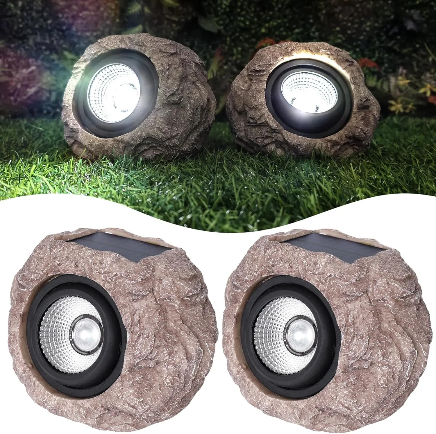 چراغ های سنگی خورشیدی باغی - نورافکن خورشیدی LED ضد آب IP65، چراغ های سنگی تزئینی باغی برای مسیر، پیاده رو، حیاط، پاسیو (2 عدد)