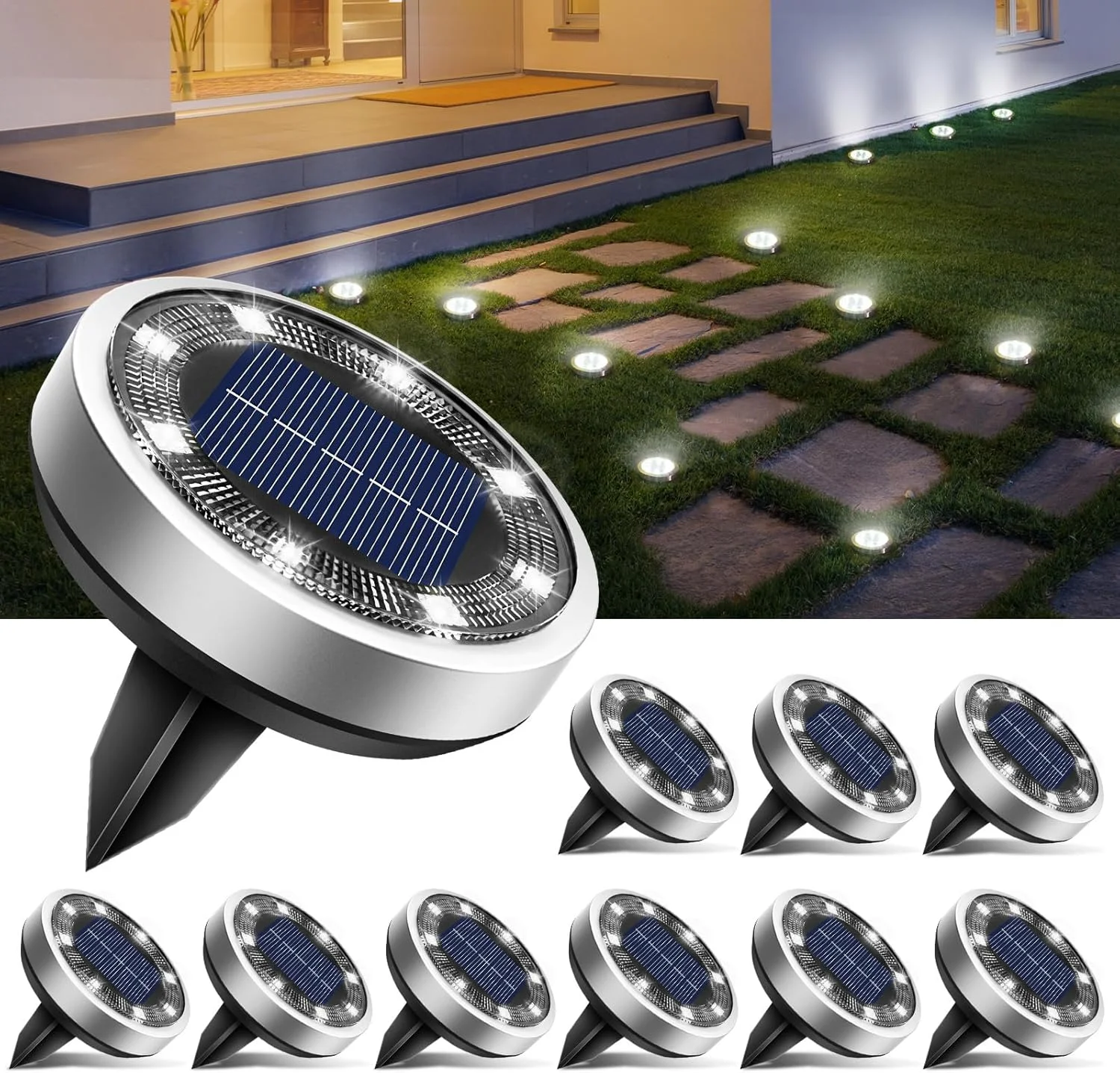 چراغ های خورشیدی زمینی btfarm، چراغ های دیسکی خورشیدی LED، چراغ های خورشیدی تخت، چراغ های مسیر خورشیدی برای باغ، چمن، پاسیو، مسیر، منظره، سفید یخی، بسته 10 عددی