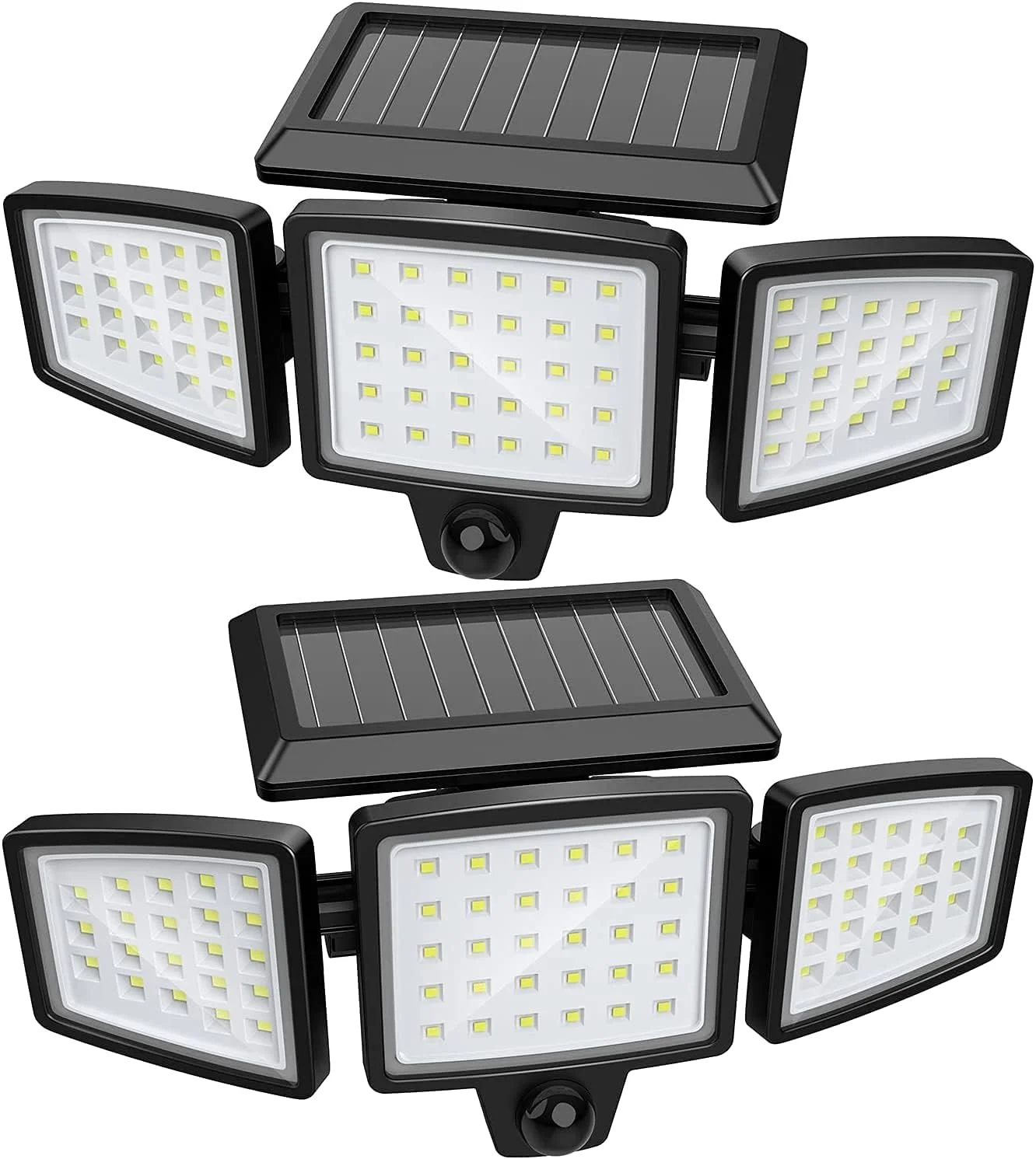 چراغ های خورشیدی فضای باز، فوق العاده روشن 72 LED 1500LM چراغ های امنیتی سنسور حرکتی بی سیم، چراغ های سیل LED ضد آب IP65 با انرژی خورشیدی، 3 سر قابل تنظیم زاویه نورپردازی 270 درجه عریض، 2 عدد