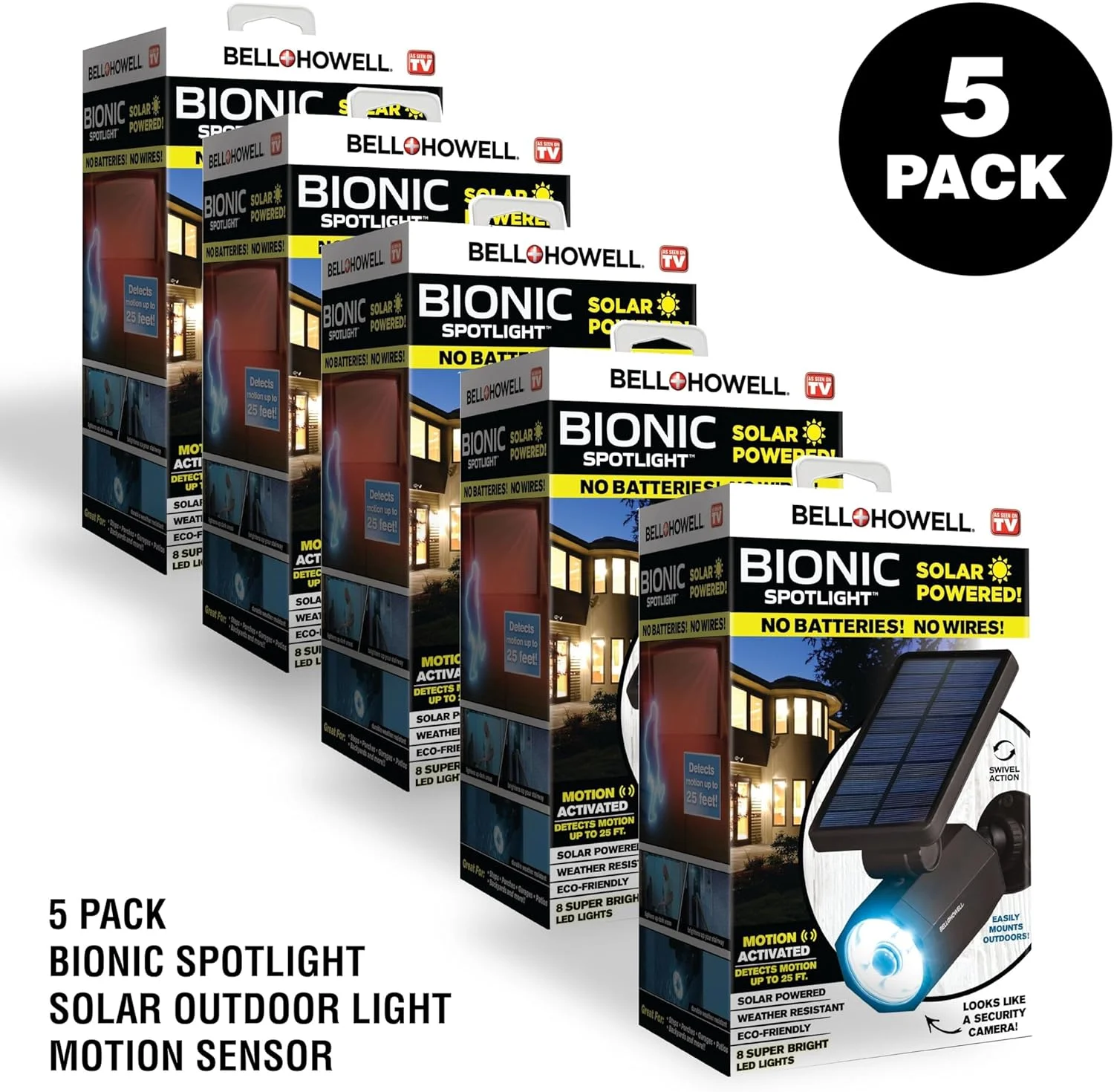 چراغ خورشیدی بل + هاول Bionic Spotlight با حسگر حرکتی 25 فوتی، پنل های خورشیدی، ضد آب و مقاوم در برابر یخ زدگی، مناسب برای پاسیو، حیاط و روشنایی فضای باز، همانطور که در تلویزیون دیده اید، بسته 5 عددی، مشکی