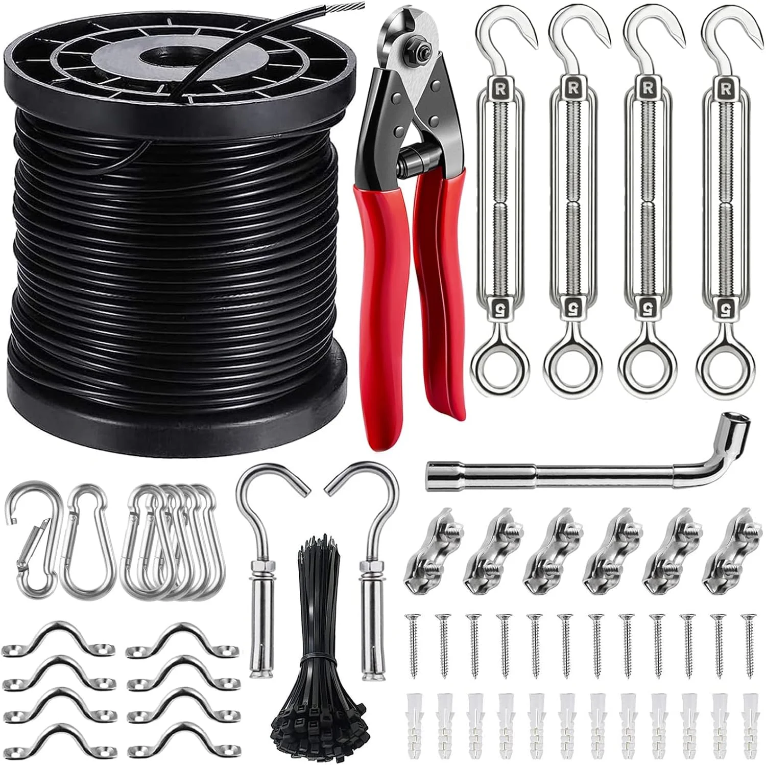 کیت آویز چراغ رشته ای آزونی، سیم راهنمای نور بیرونی 50 متری روکش شده از جنس استیل ضد زنگ 304، کیت های آویز چراغ رشته ای، کیت آویز چراغ برای چراغ های رشته ای بیرونی، چراغ های پاسیو، چراغ های کمپینگ