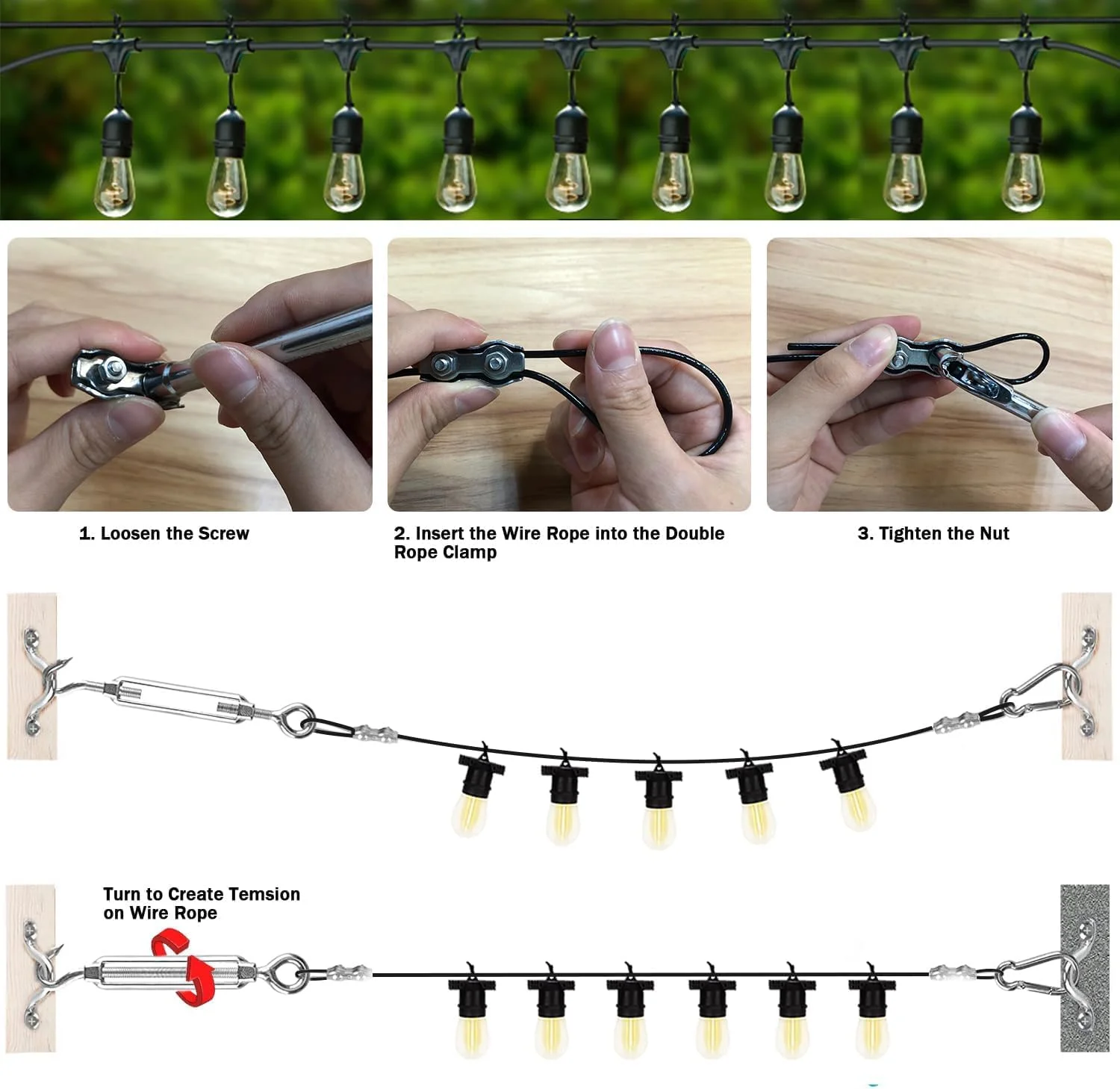 کیت آویز چراغ رشته ای آزونی، سیم راهنمای نور بیرونی 50 متری روکش شده از جنس استیل ضد زنگ 304، کیت های آویز چراغ رشته ای، کیت آویز چراغ برای چراغ های رشته ای بیرونی، چراغ های پاسیو، چراغ های کمپینگ