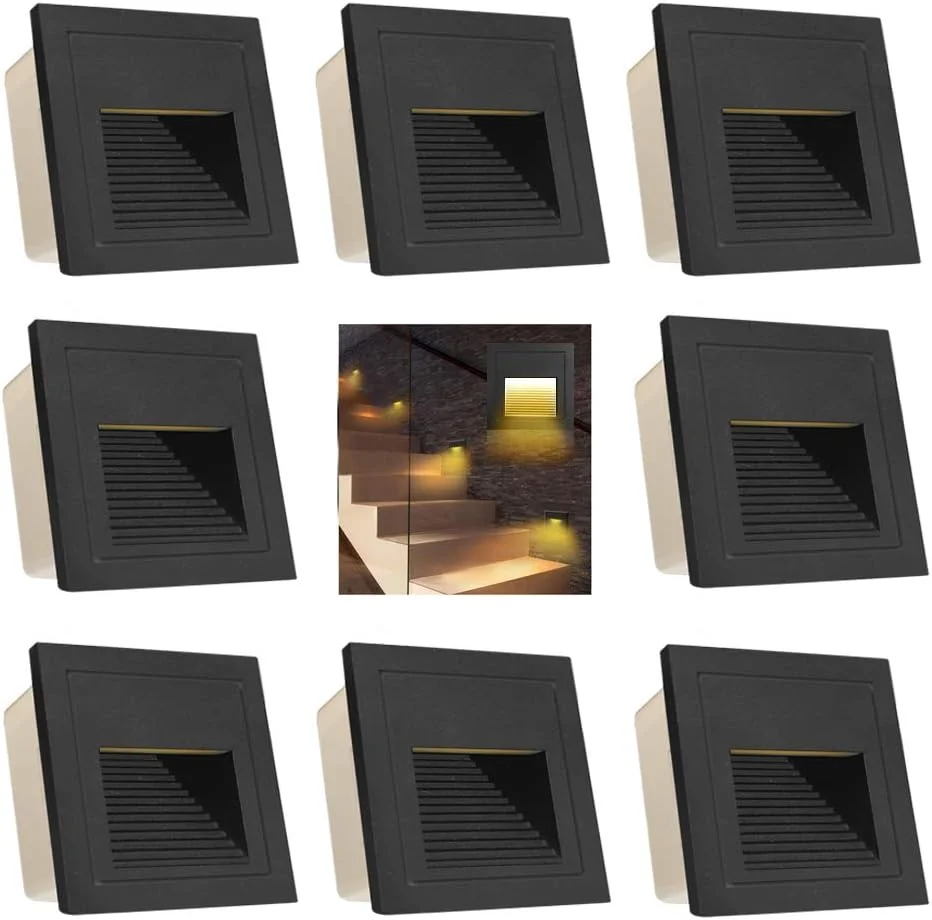 ست 8 عددی چراغ پله LED آروتلیخت 3 وات، چراغ پله مربعی، روشنایی پله، چراغ دیواری، چراغ دیواری توکار بیرونی، 230 ولت، روشنایی دیواری، لامپ، آلومینیوم، سفید گرم، 3000 کلوین، IP65، مشکی، به همراه جعبه