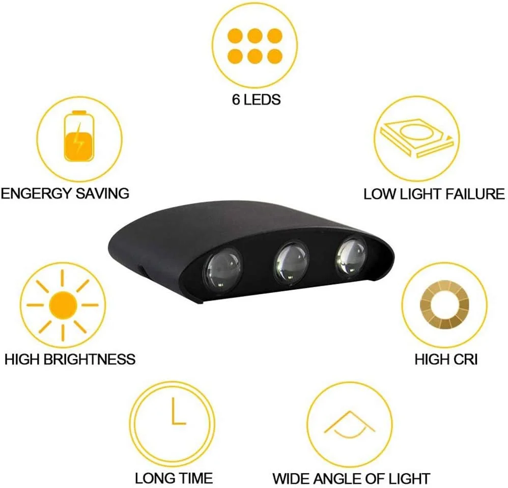 چراغ دیواری ال ای دی آلومینیومی ضد آب مناسب فضای داخلی و خارجی 3000k - 6 چراغ با نور جهت دار بالا و پایین چراغ دیواری ال ای دی آلومینیومی ضد آب مناسب فضای داخلی و خارجی 3000k - 6 چراغ با نور جهت دار بالا و پایین