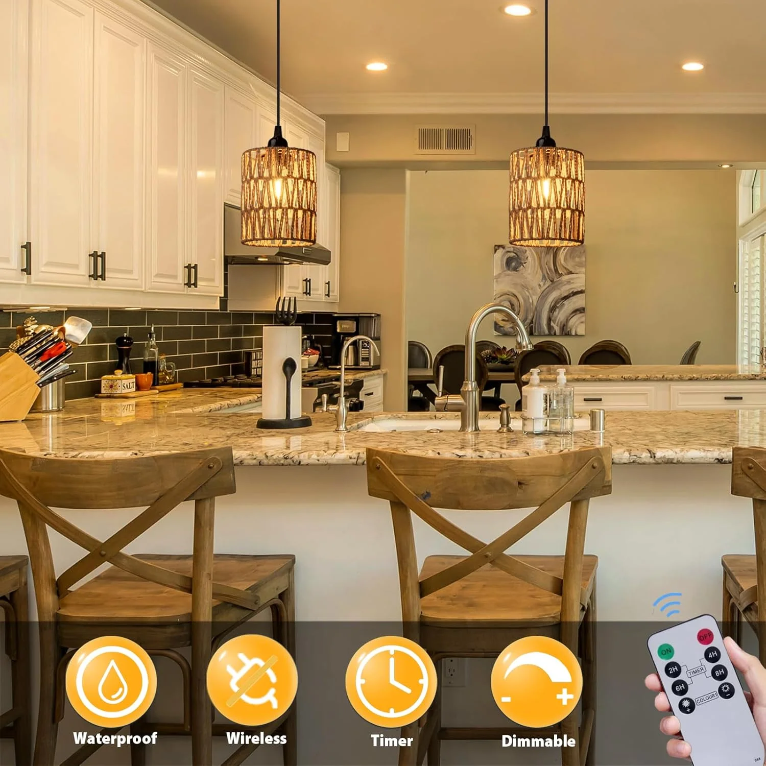 لوستر با باتری، چراغ آویز با باتری، چراغ های حصیری با لامپ سفید گرم، با 4 عدد باتری قلمی، مناسب برای تزئینات داخلی و خارجی ایوان آلاچیق پاسیو (2)