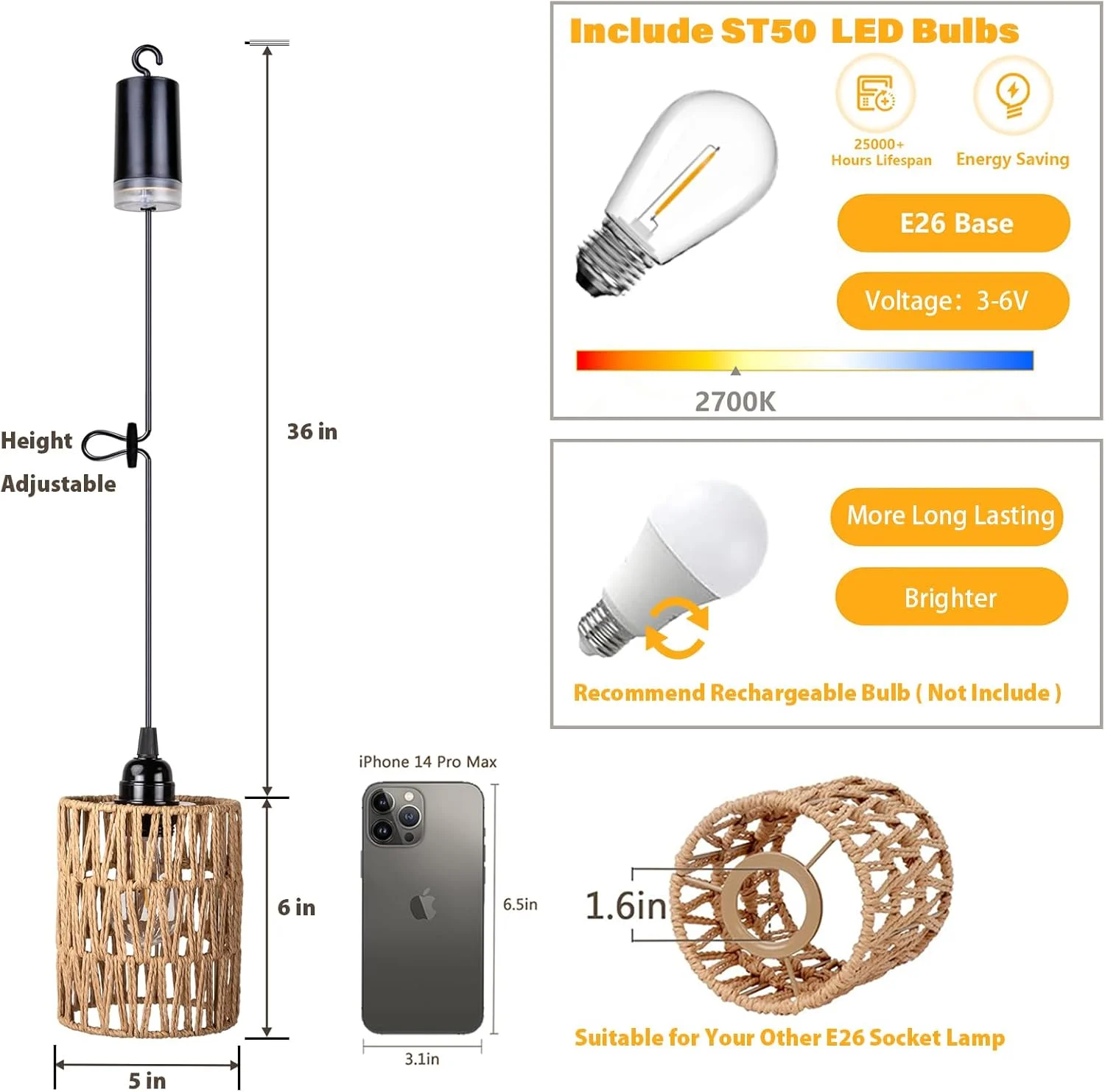 لوستر با باتری، چراغ آویز با باتری، چراغ های حصیری با لامپ سفید گرم، با 4 عدد باتری قلمی، مناسب برای تزئینات داخلی و خارجی ایوان آلاچیق پاسیو (2)