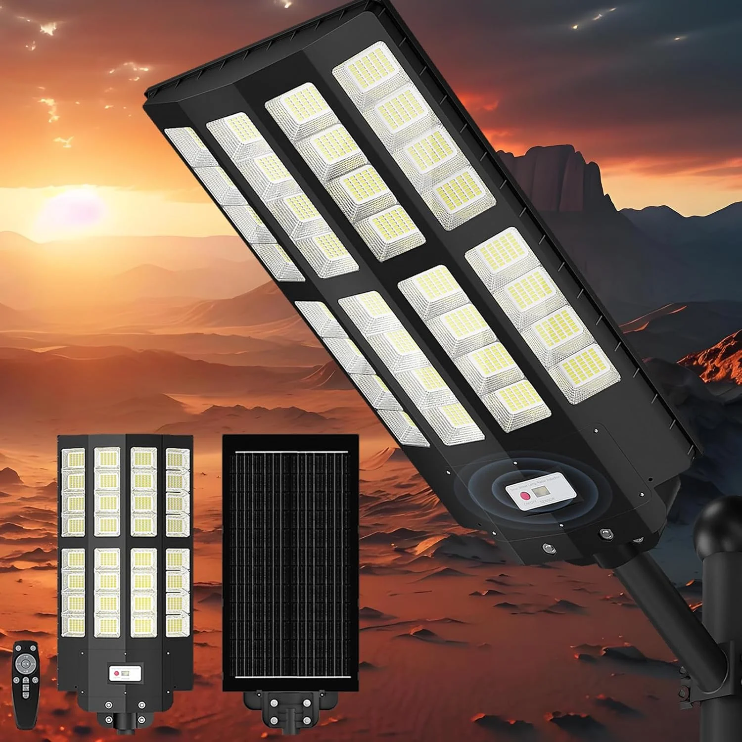 چراغ خیابانی خورشیدی 4000 وات تجاری مناسب فضای باز - سنسور حرکتی زاویه باز، نورافکن LED 6500K، ضد آب IP66، با کنترل از راه دور، مناسب برای پارکینگ ها، خیابان ها، باغ ها