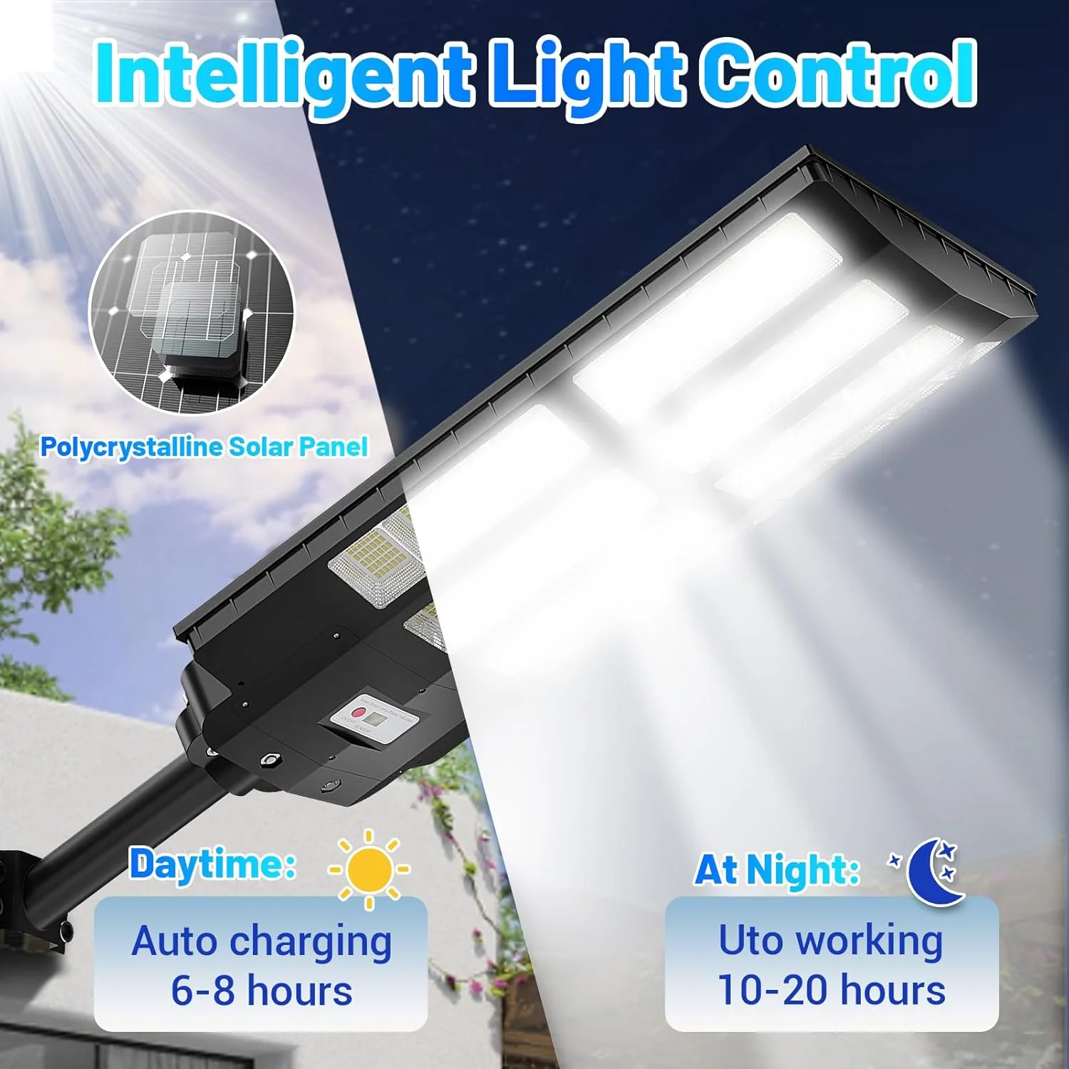 چراغ خیابانی خورشیدی 4000 وات تجاری مناسب فضای باز - سنسور حرکتی زاویه باز، نورافکن LED 6500K، ضد آب IP66، با کنترل از راه دور، مناسب برای پارکینگ ها، خیابان ها، باغ ها