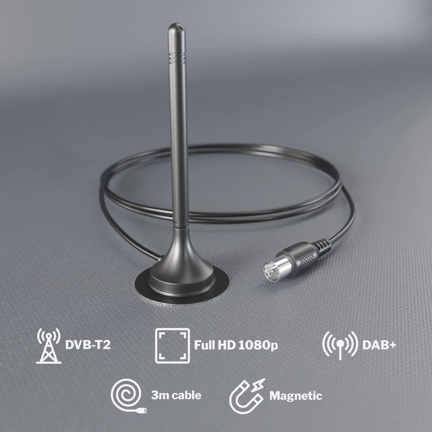 آنتن KabelDirekt – DVB-T2 (DVB-T2 HD، دریافت دیجیتال، پایه مغناطیسی پایدار، کابل 3 متری برای همه گیرنده های DVB-T، طراحی سبک وزن)